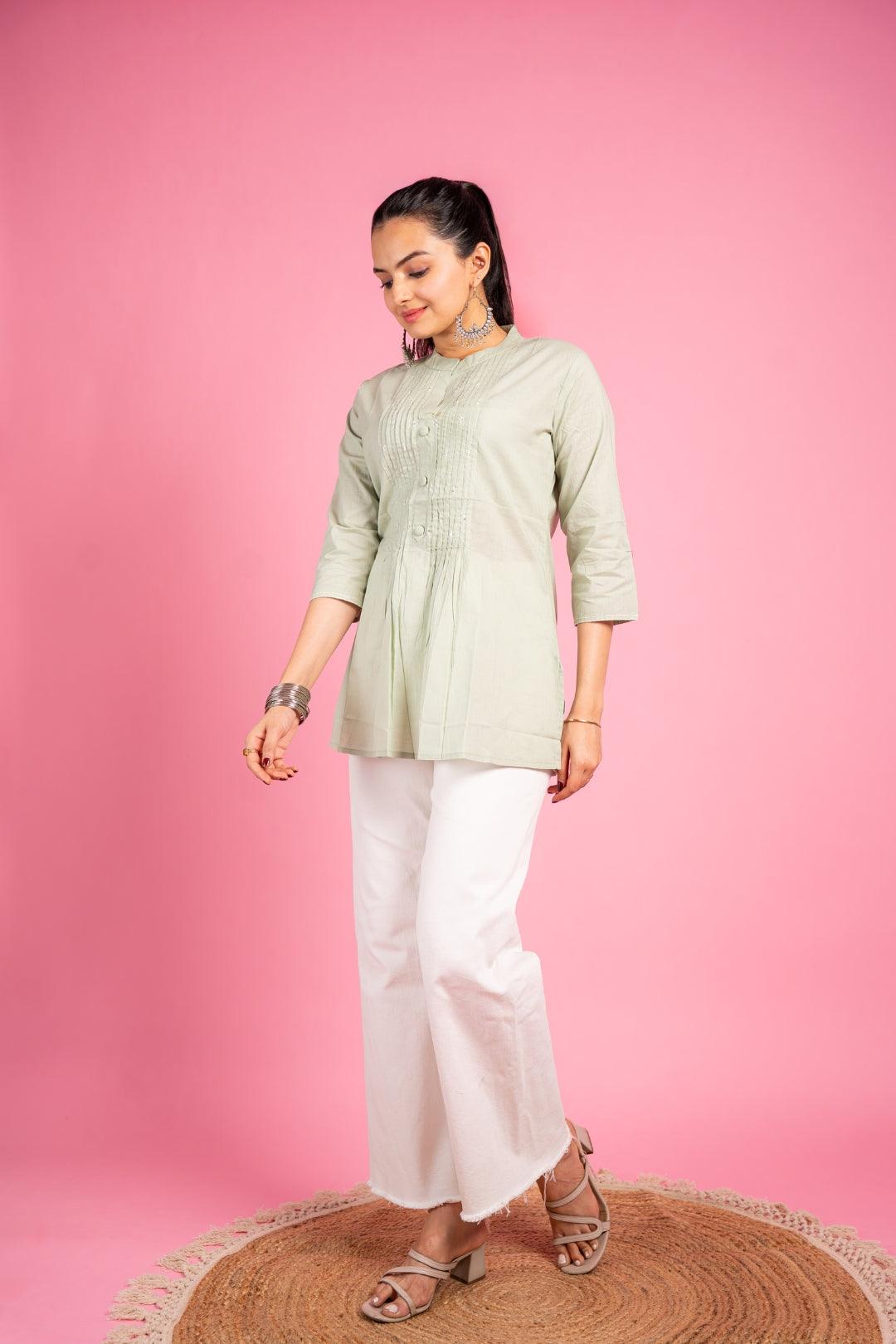Ekisha's women designer light pista hand work cotton tunic top short kurti - Ekisha