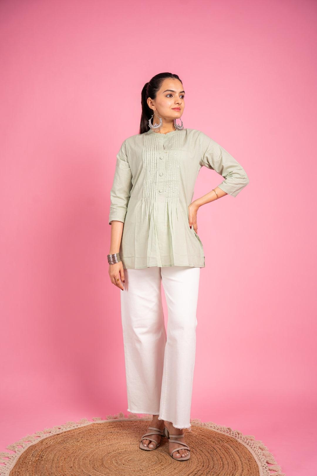 Ekisha's women designer light pista hand work cotton tunic top short kurti - Ekisha