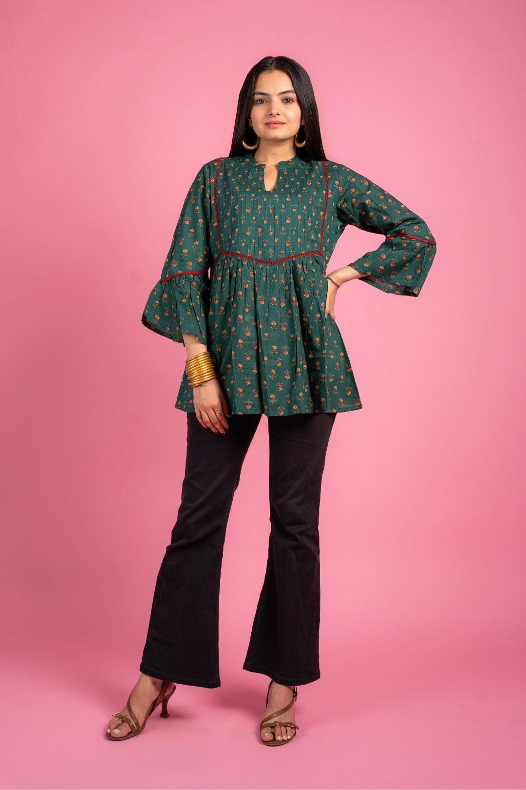 Ekisha's women designer dark rama floral printed cotton tunic top short kurti - Ekisha