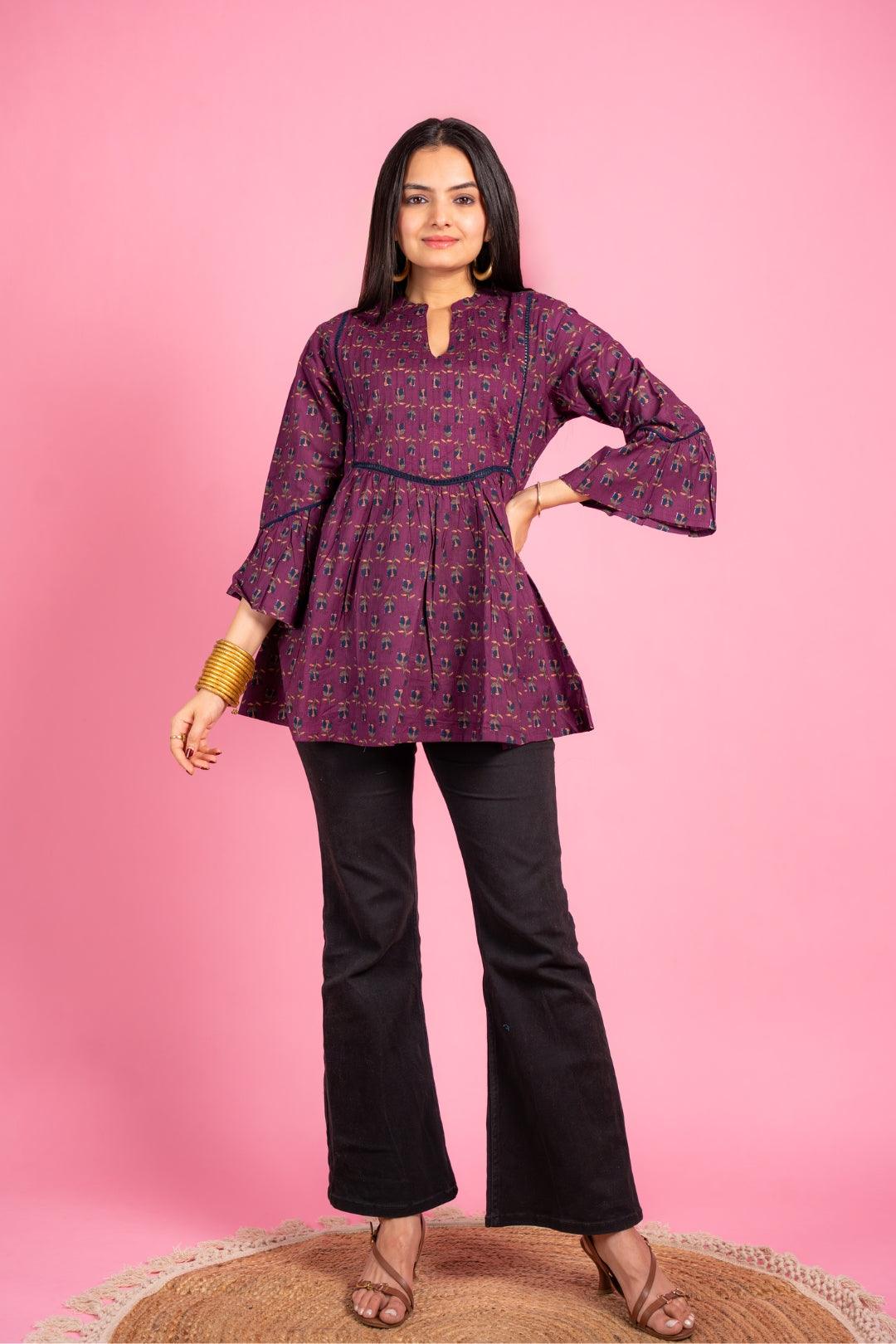 Ekisha's women designer dark magenta floral printed cotton tunic top short kurti - Ekisha