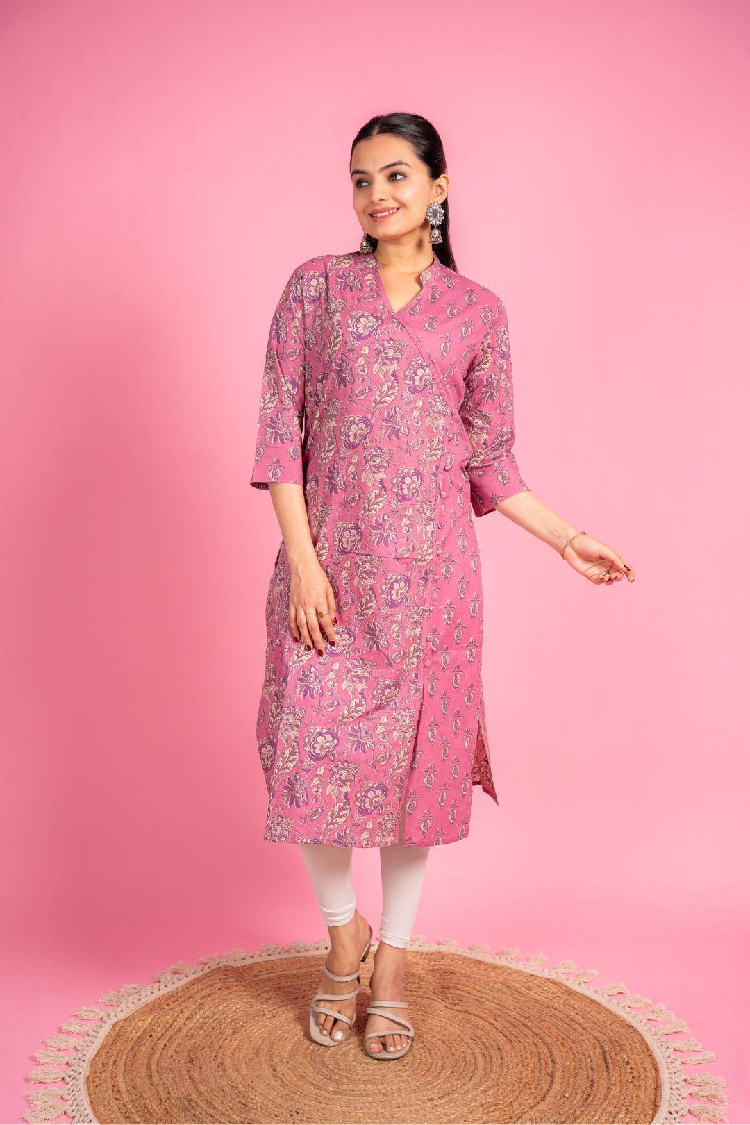 Ekisha women's cotton light pink floral printed angrakha kurta kurti - Ekisha