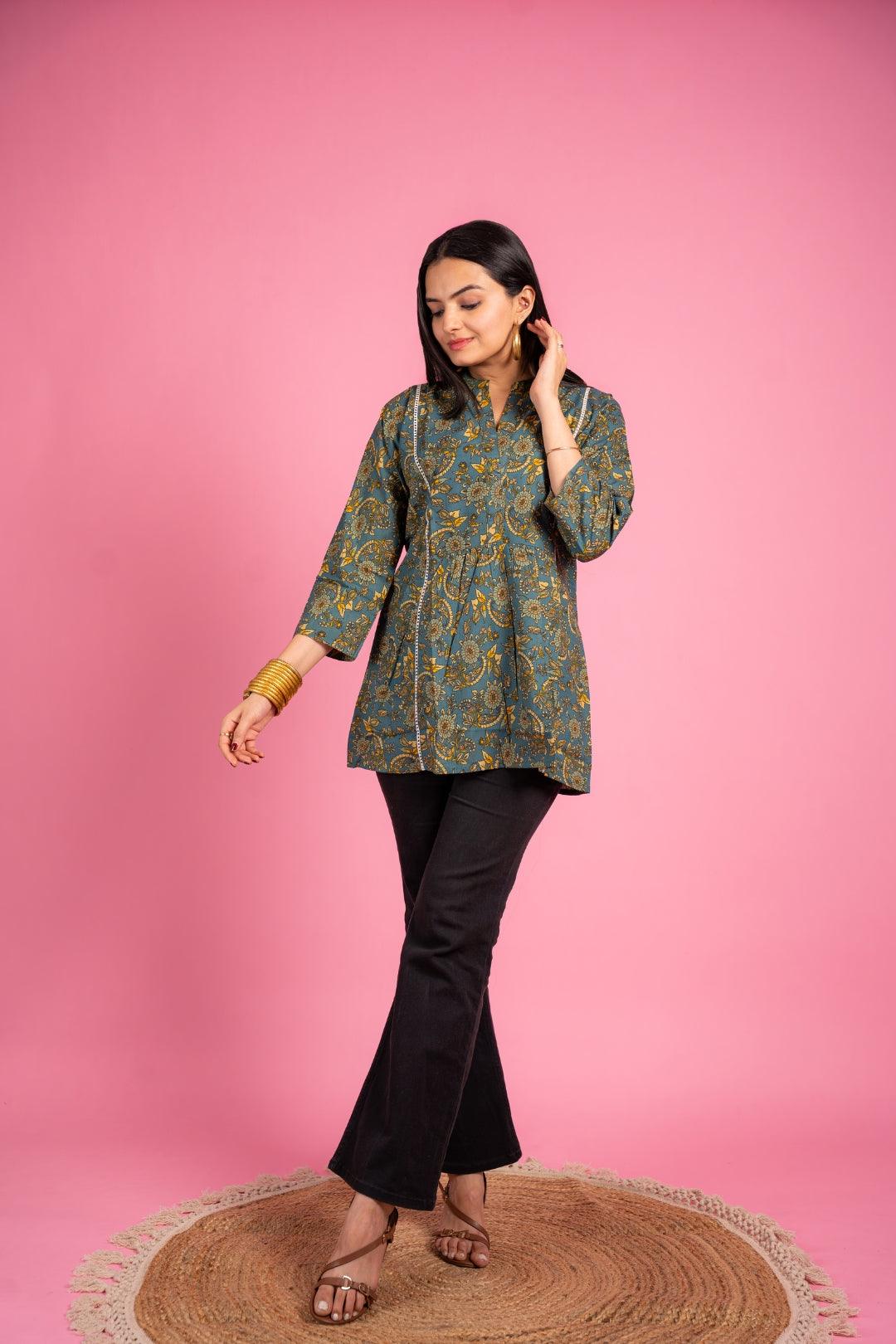 Ekisha's women rama multicolor designer printed cotton tunic top short kurti - Ekisha
