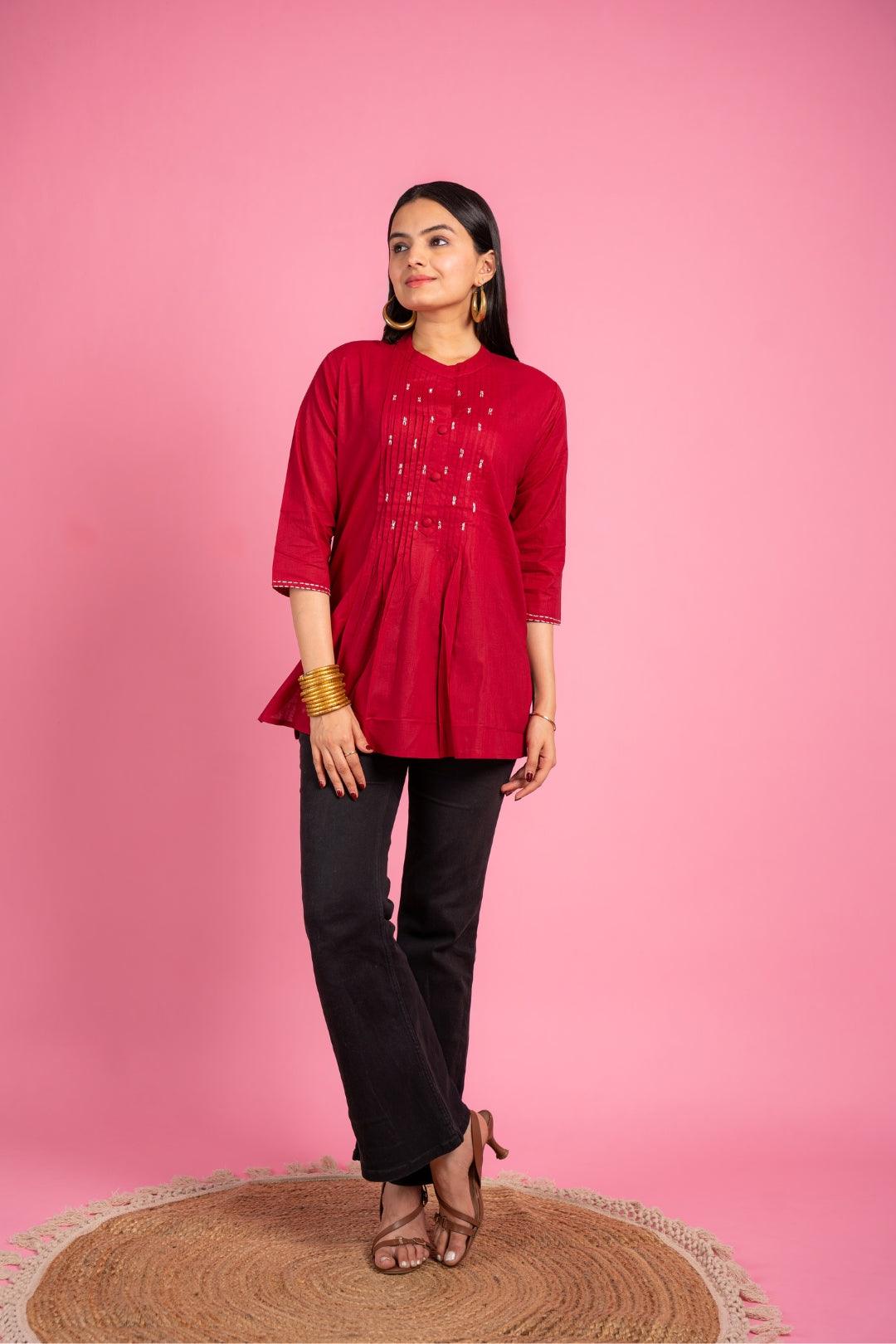 Ekisha's women designer maroon hand work cotton tunic top short kurti - Ekisha