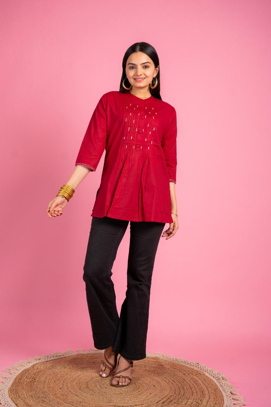 Ekisha's women designer maroon hand work cotton tunic top short kurti - Ekisha