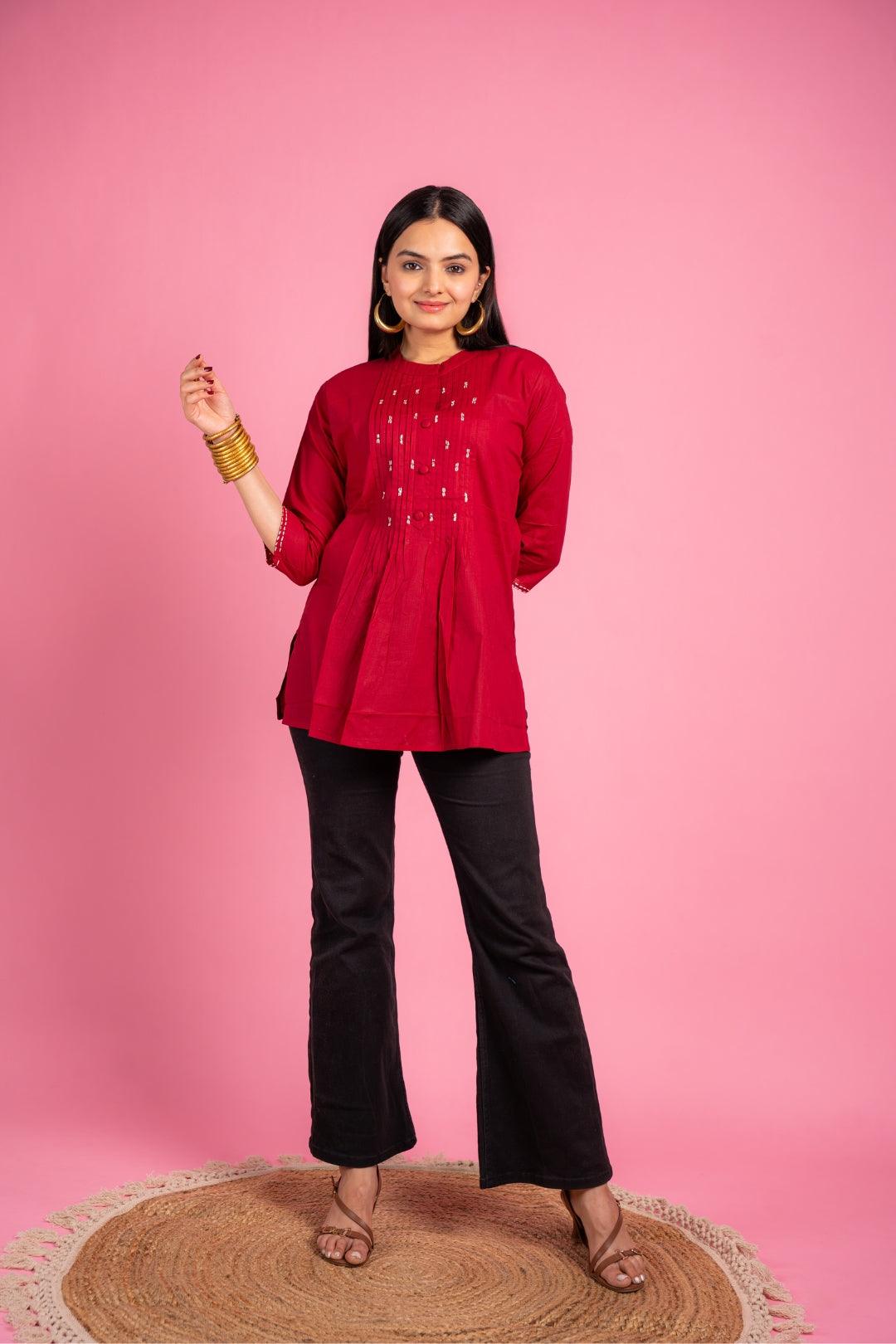 Ekisha's women designer maroon hand work cotton tunic top short kurti - Ekisha