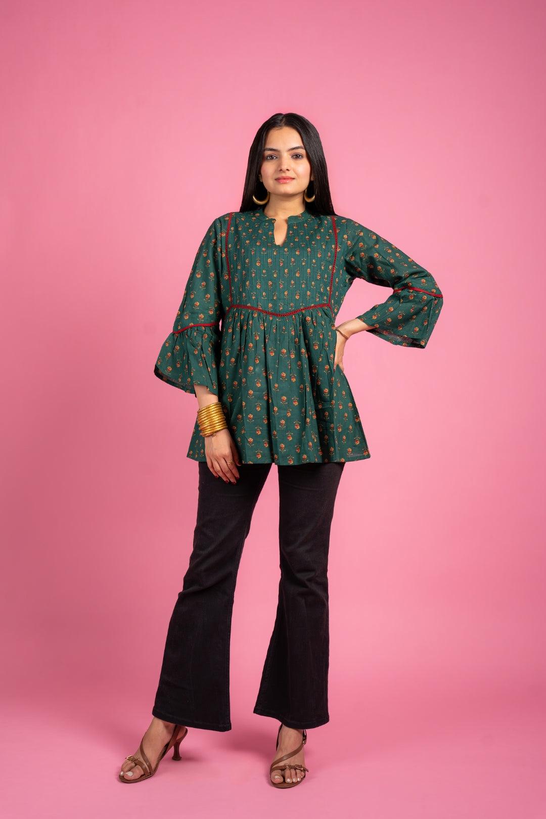 Ekisha's women designer dark rama floral printed cotton tunic top short kurti - Ekisha