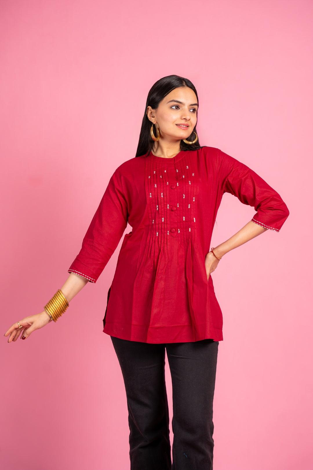 Ekisha's women designer maroon hand work cotton tunic top short kurti - Ekisha