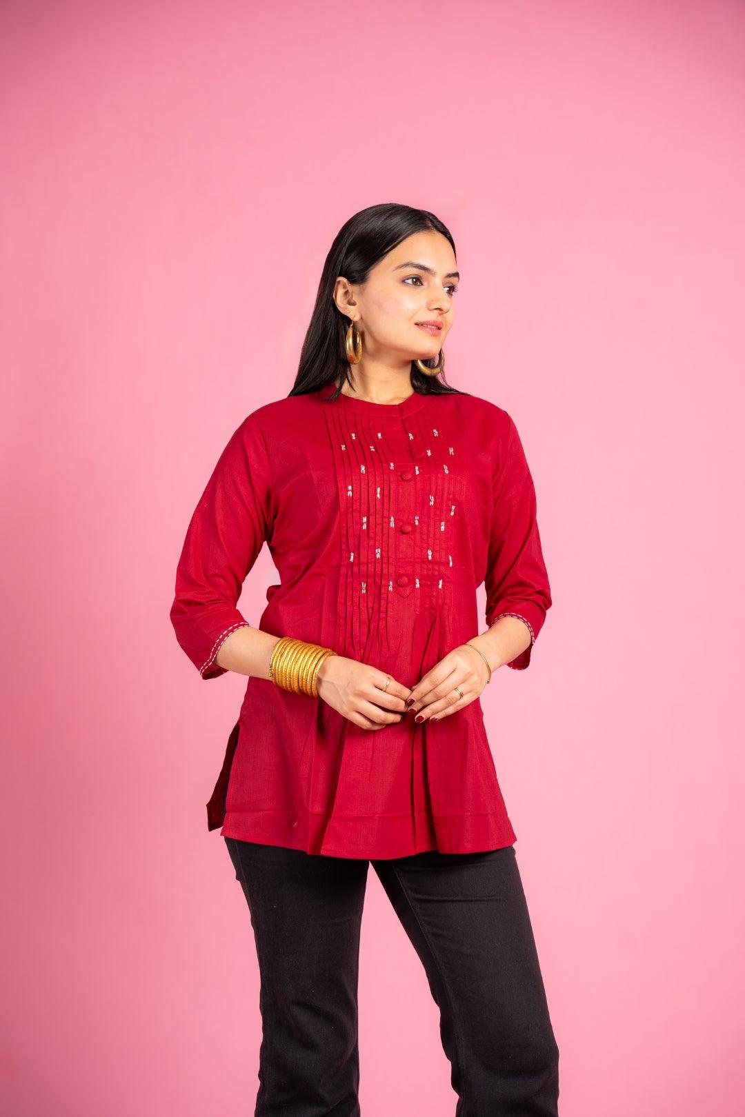 Ekisha's women designer maroon hand work cotton tunic top short kurti - Ekisha