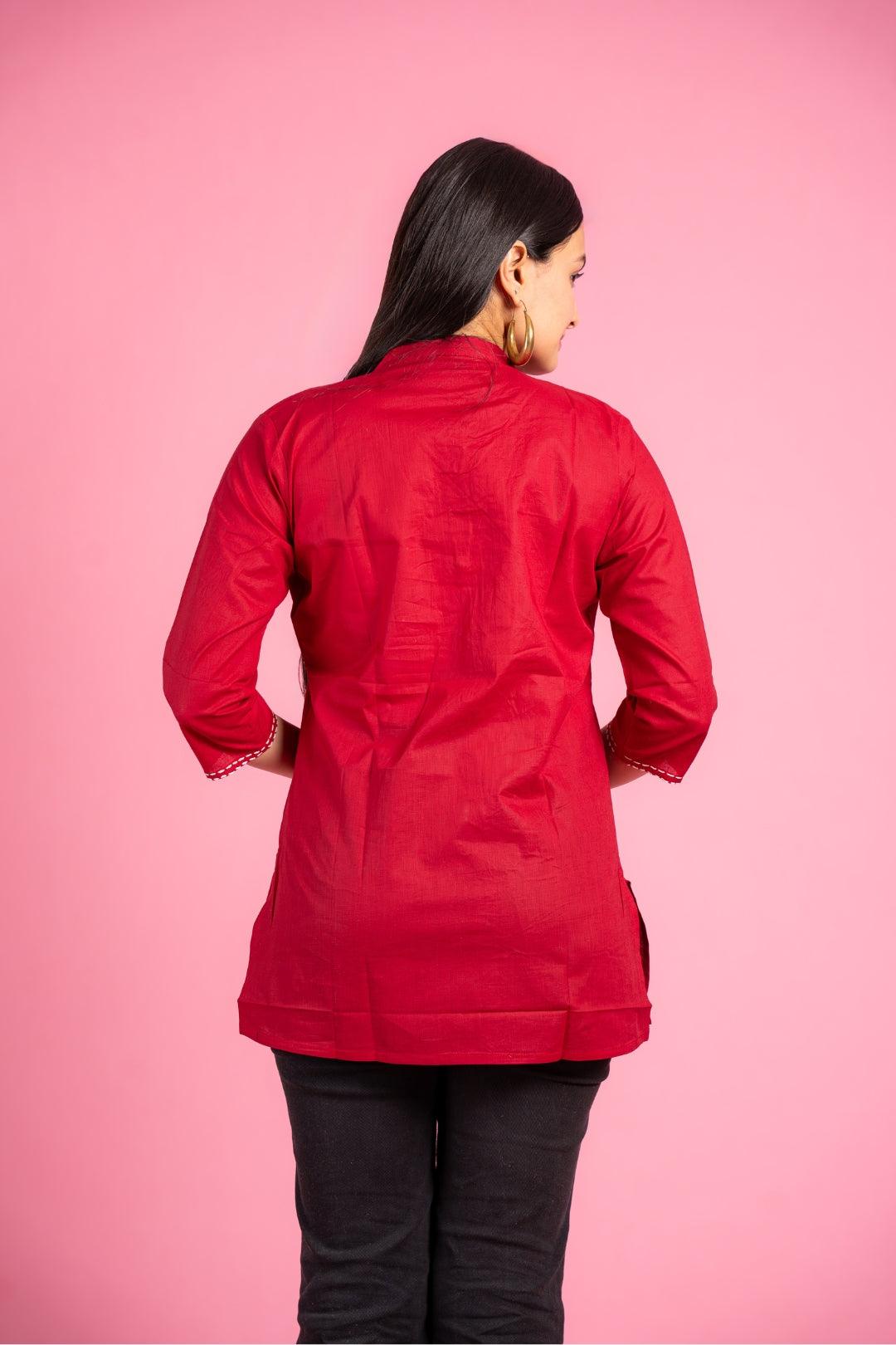 Ekisha's women designer maroon hand work cotton tunic top short kurti - Ekisha