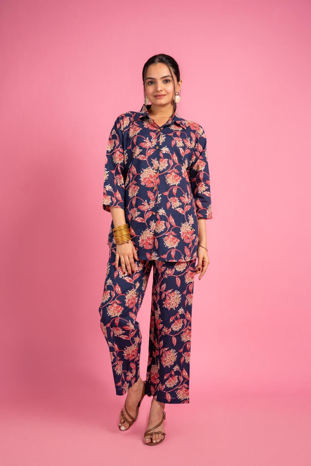 Ekisha's women blue beautiful multicolor floral printed cotton co-ord set lounge wear - Ekisha