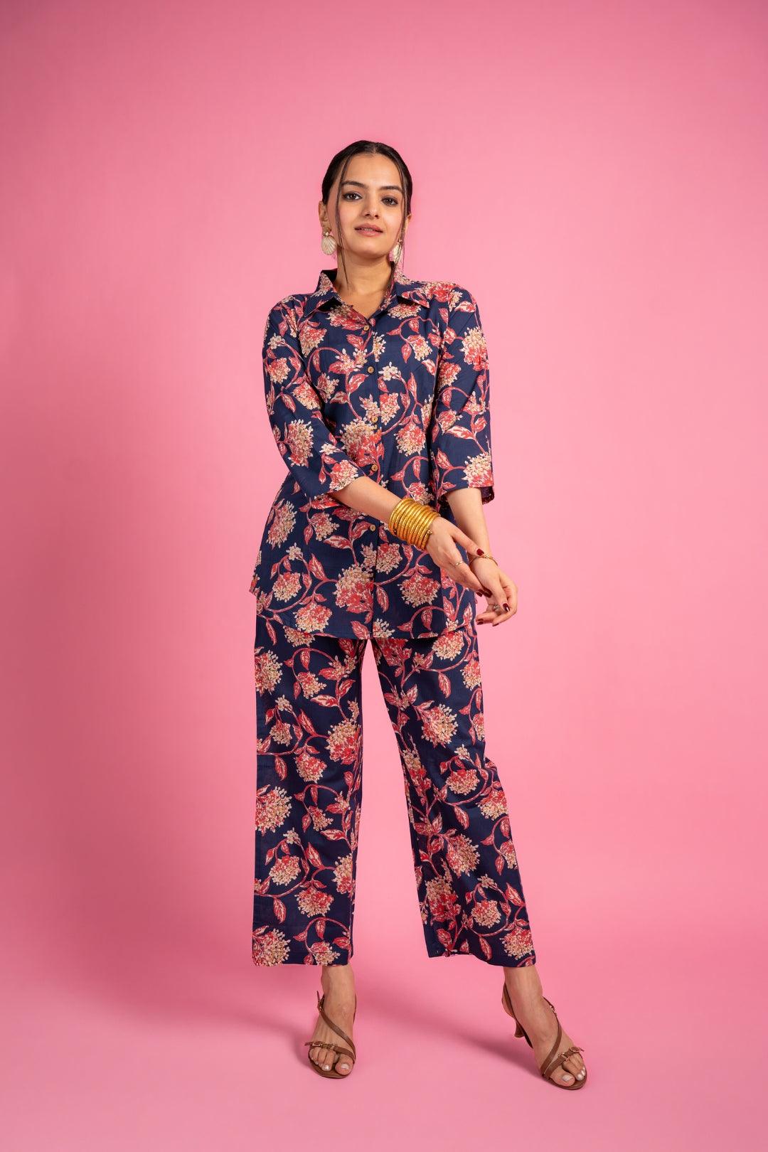 Ekisha's women blue beautiful multicolor floral printed cotton co-ord set lounge wear - Ekisha