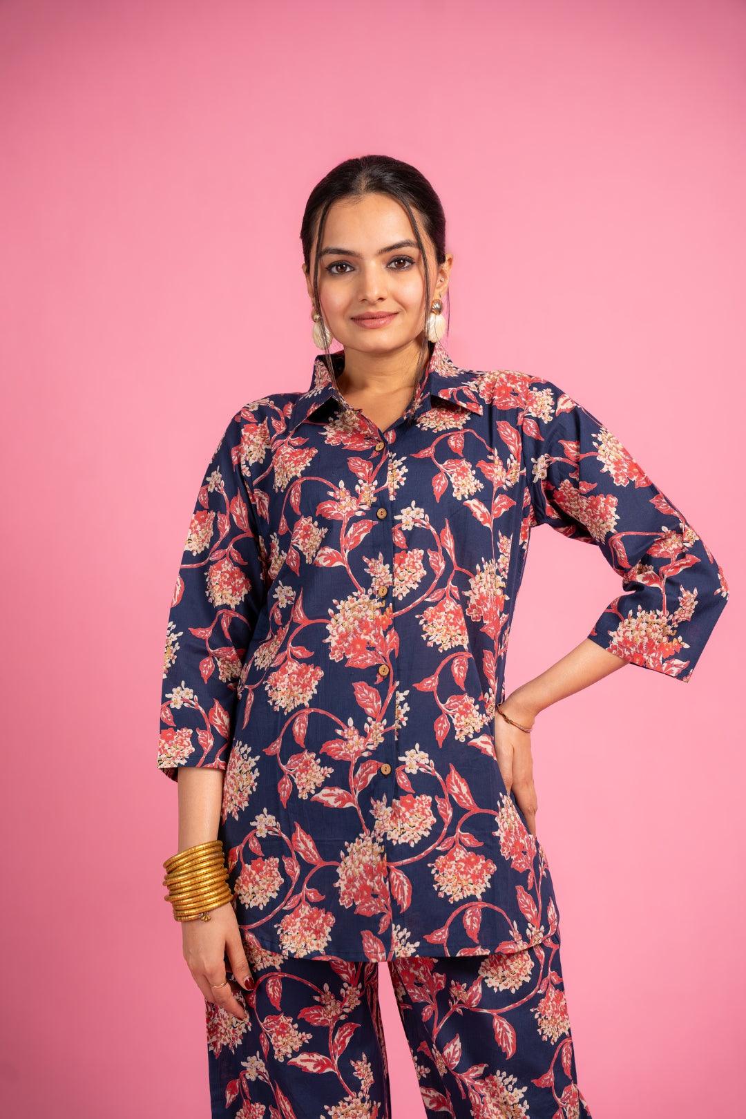 Ekisha's women blue beautiful multicolor floral printed cotton co-ord set lounge wear - Ekisha