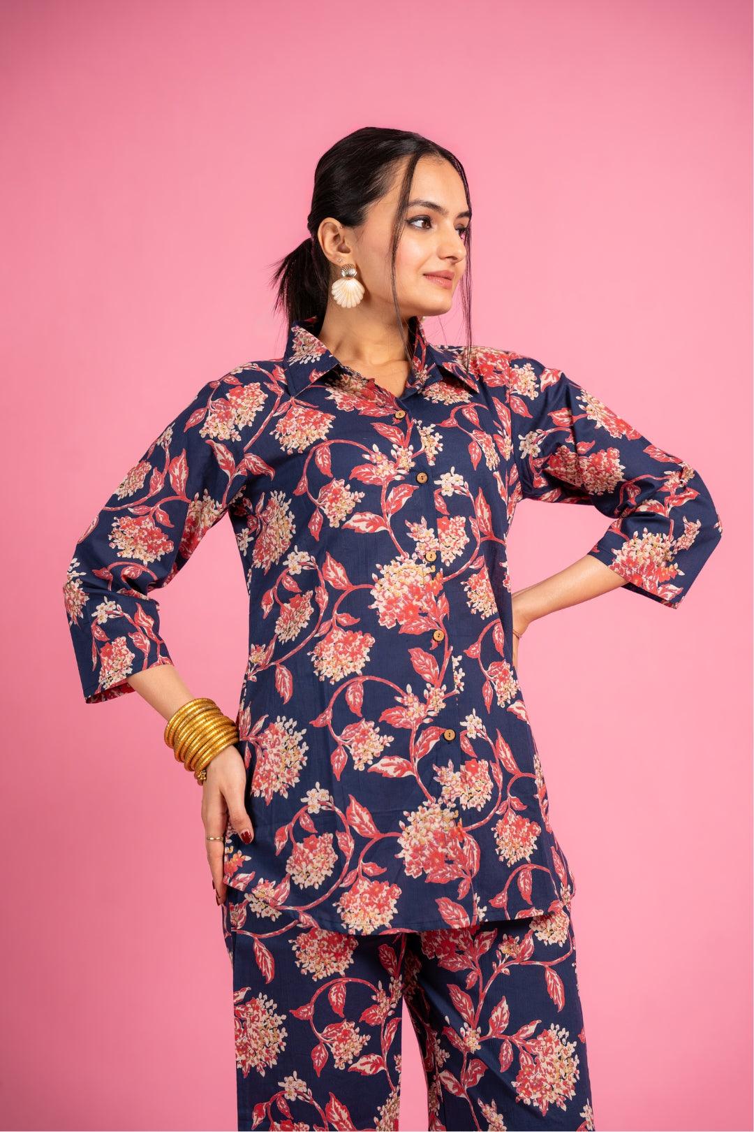 Ekisha's women blue beautiful multicolor floral printed cotton co-ord set lounge wear - Ekisha