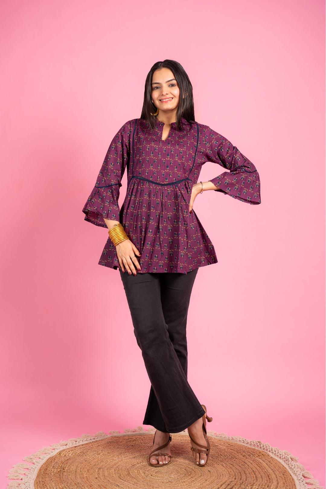 Ekisha's women designer dark magenta floral printed cotton tunic top short kurti - Ekisha