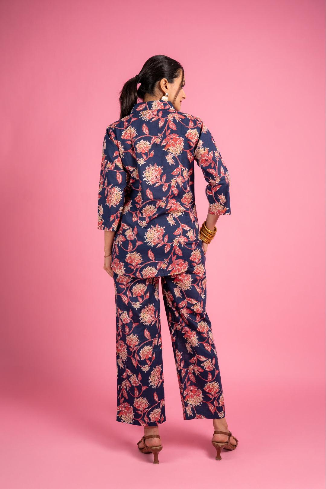 Ekisha's women blue beautiful multicolor floral printed cotton co-ord set lounge wear - Ekisha