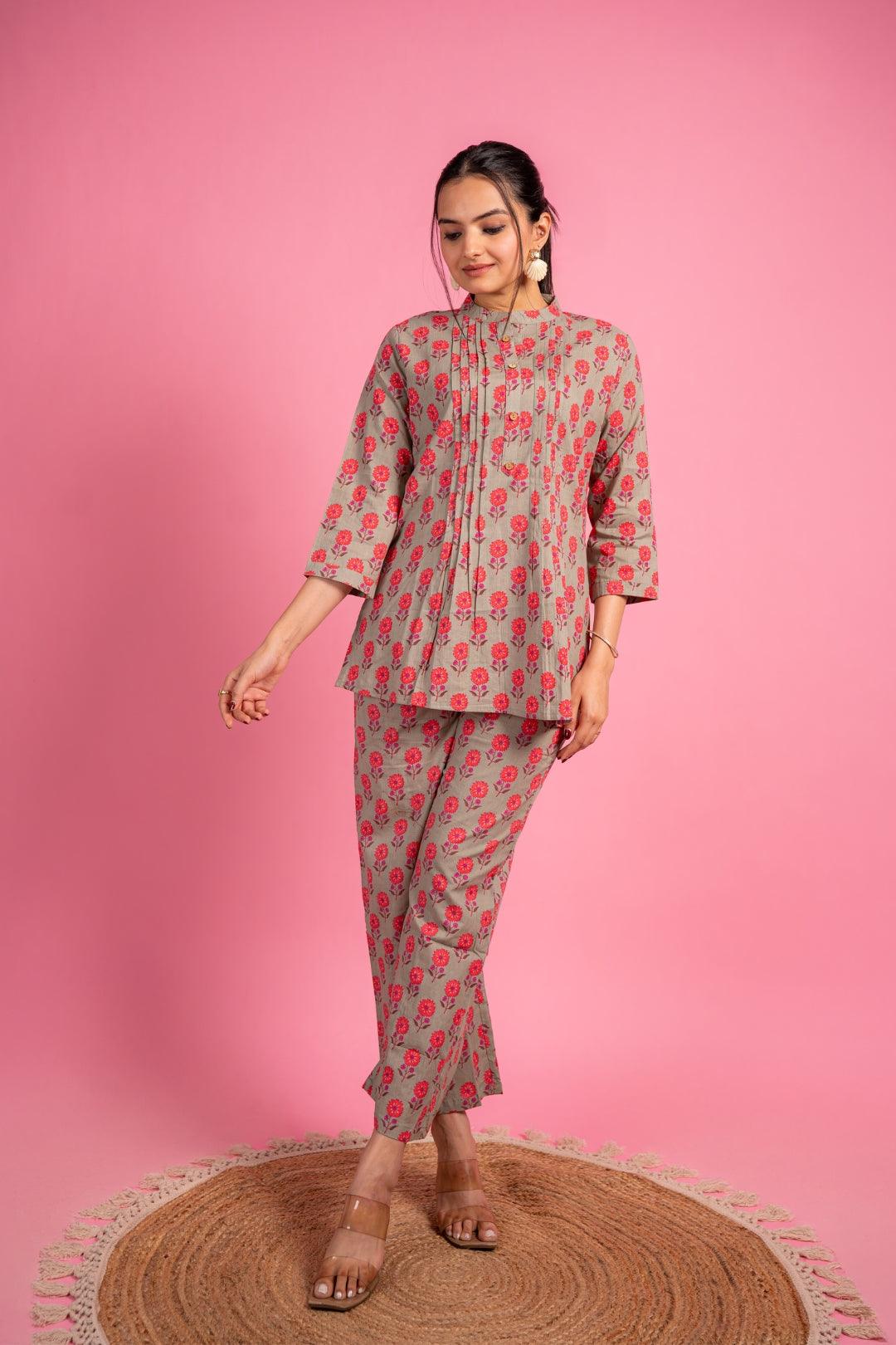 Ekisha's women light green multicolor floral printed cotton co-ord set lounge wear - Ekisha