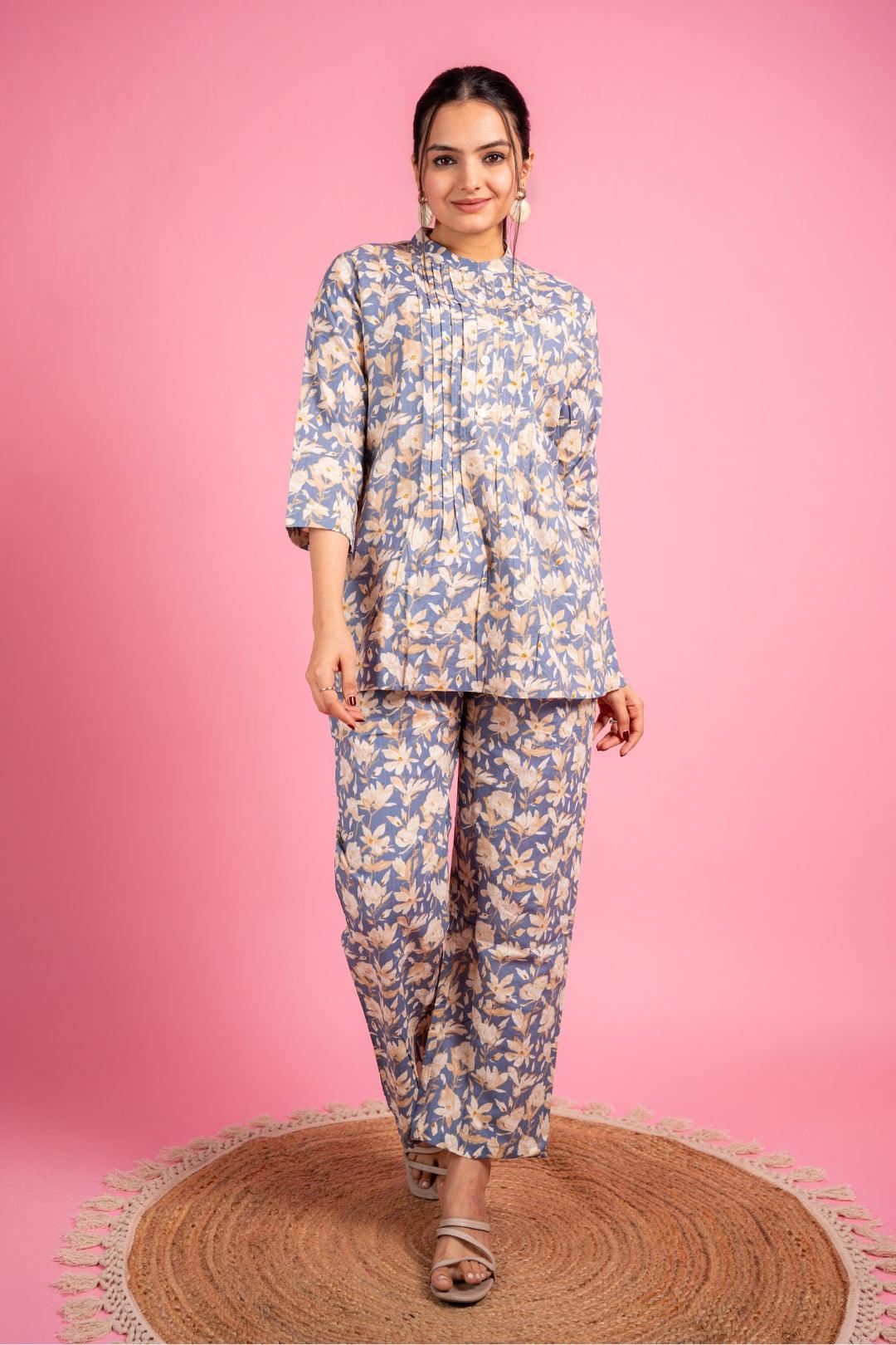 Ekisha's women grey multicolor floral printed cotton co-ord set lounge wear - Ekisha
