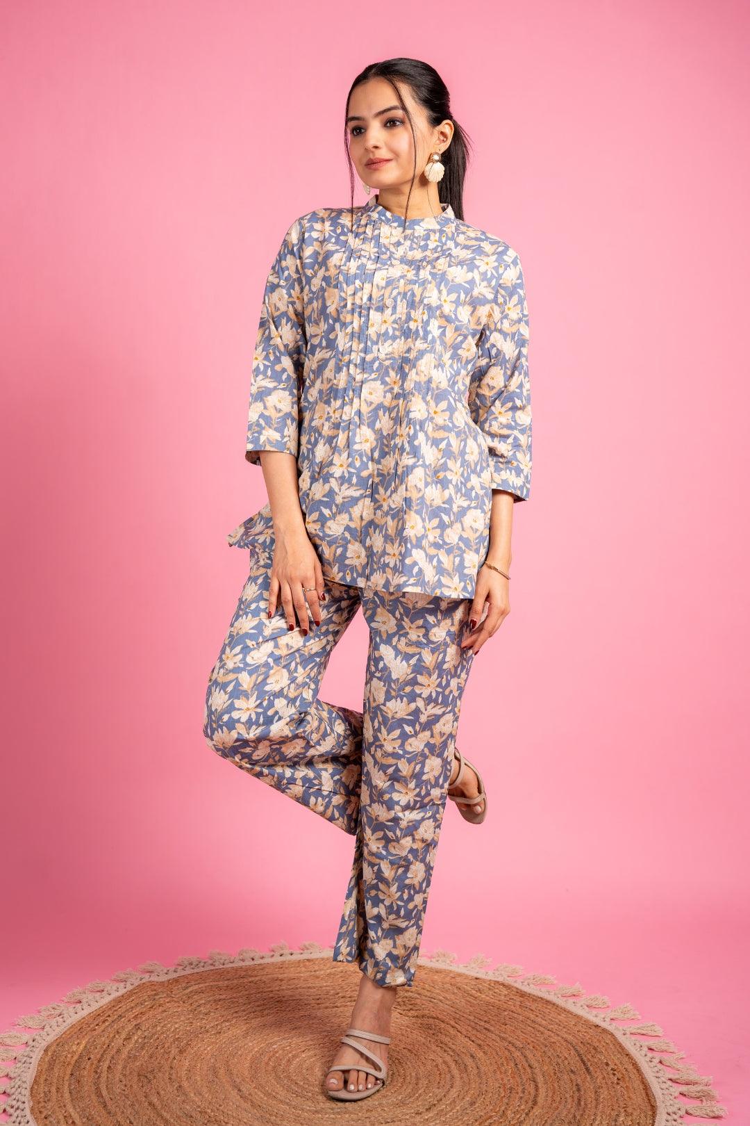 Ekisha's women grey multicolor floral printed cotton co-ord set lounge wear - Ekisha