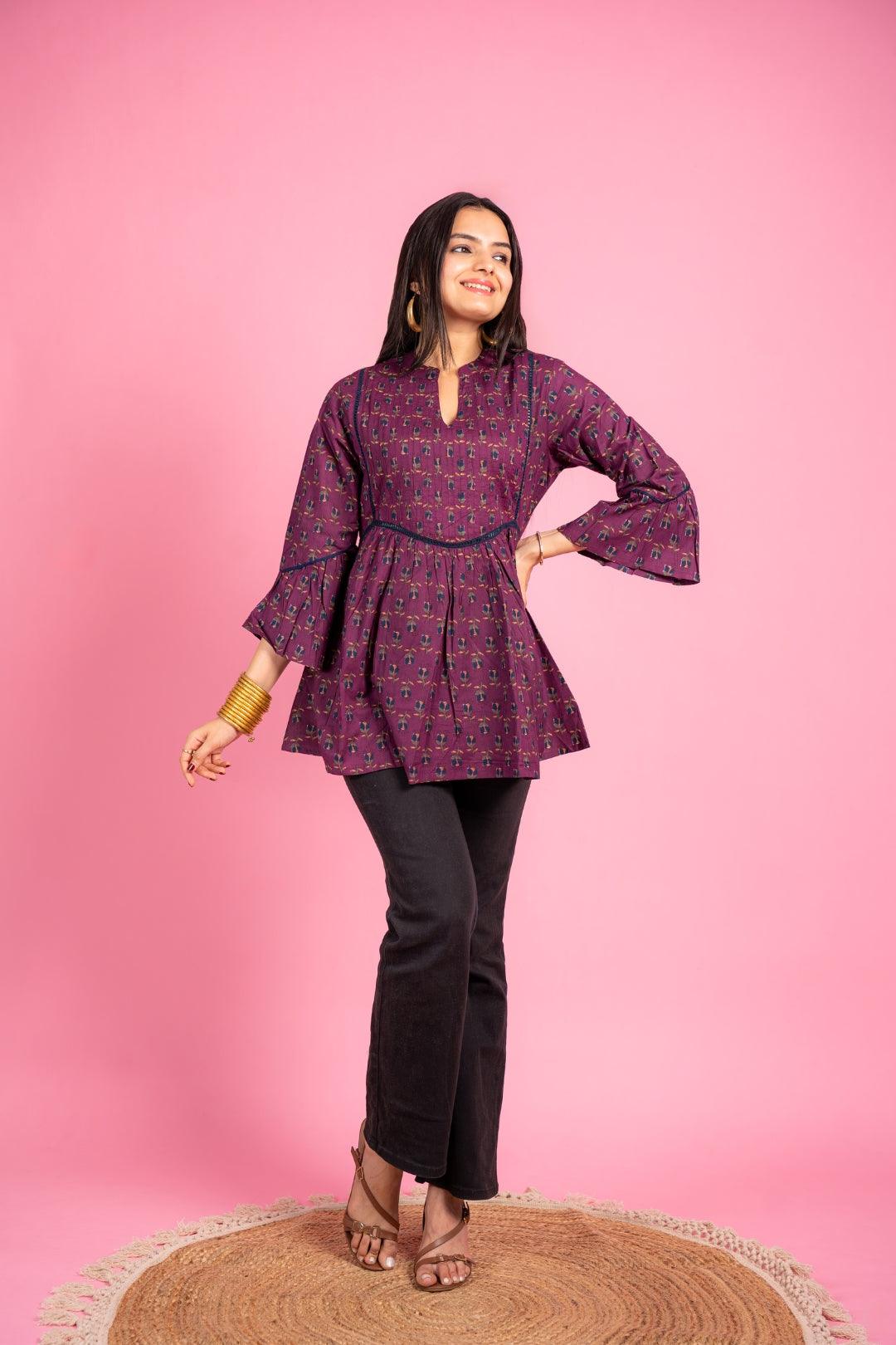 Ekisha's women designer dark magenta floral printed cotton tunic top short kurti - Ekisha
