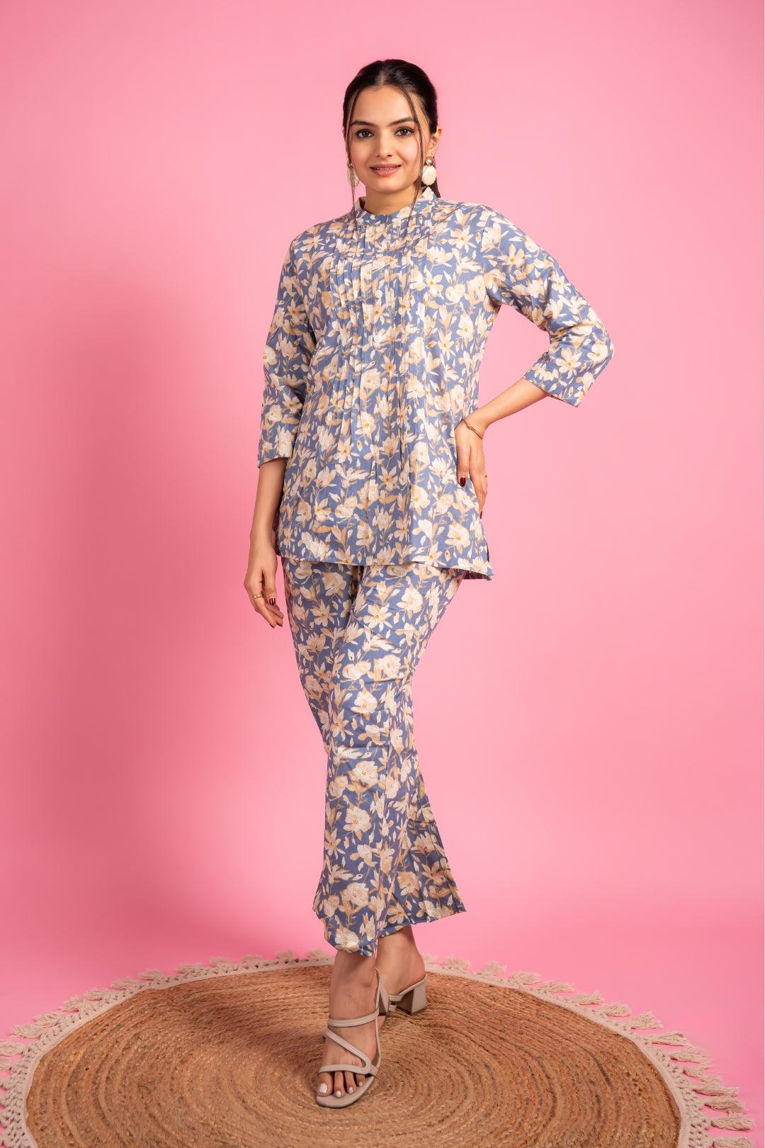 Ekisha's women grey multicolor floral printed cotton co-ord set lounge wear - Ekisha