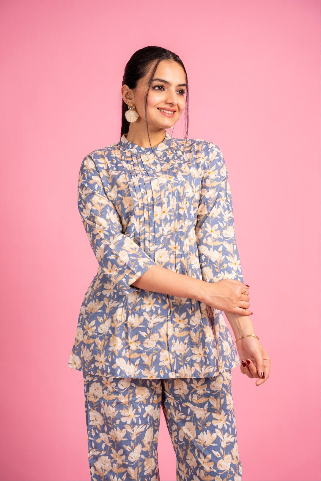 Ekisha's women grey multicolor floral printed cotton co-ord set lounge wear - Ekisha