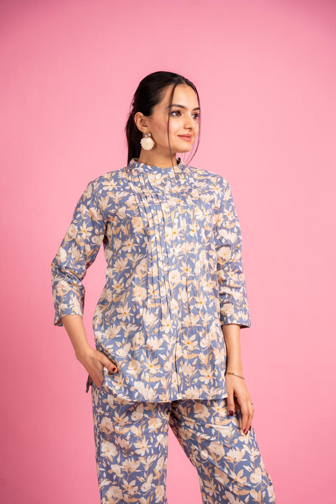 Ekisha's women grey multicolor floral printed cotton co-ord set lounge wear - Ekisha