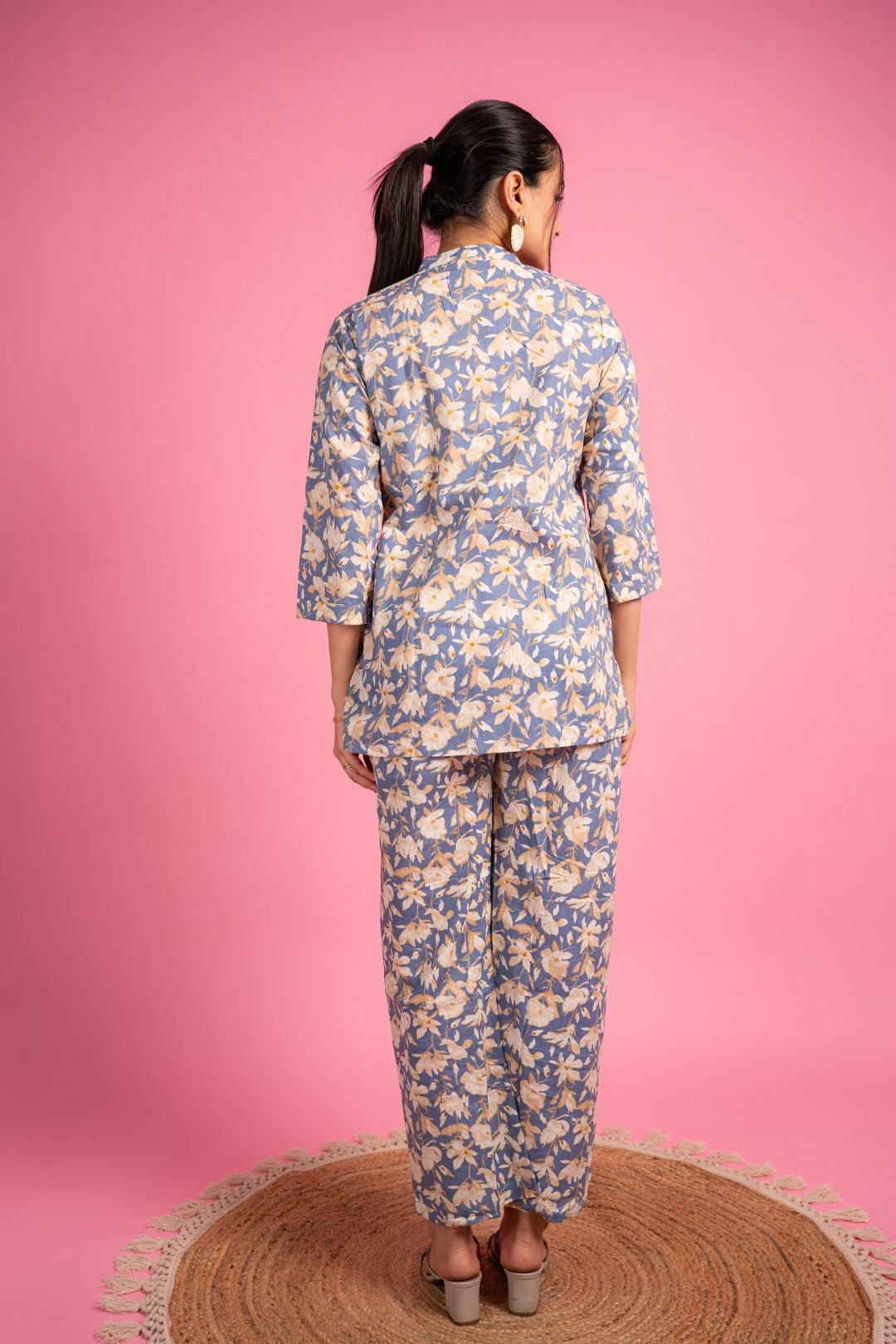 Ekisha's women grey multicolor floral printed cotton co-ord set lounge wear - Ekisha