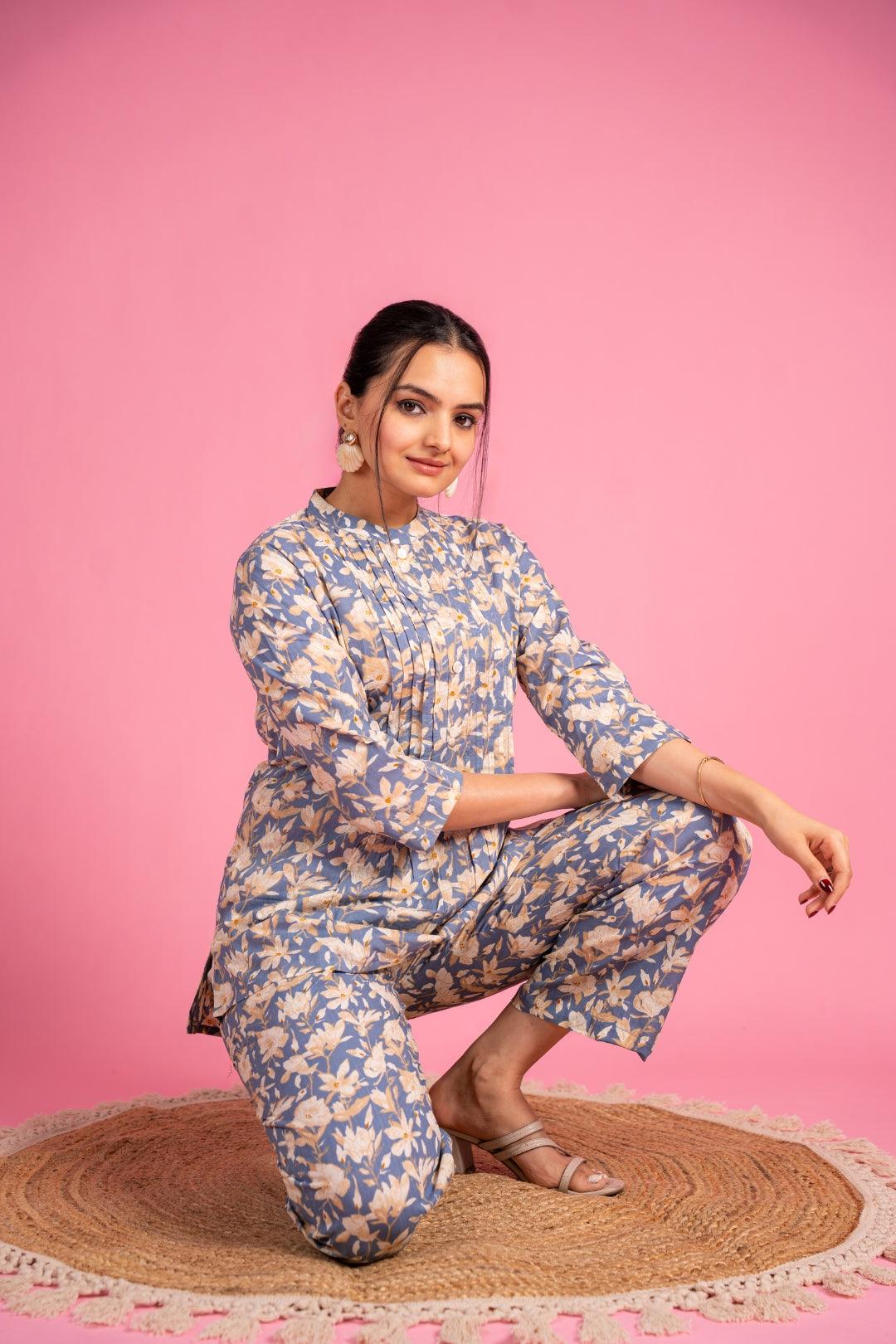 Ekisha's women grey multicolor floral printed cotton co-ord set lounge wear - Ekisha