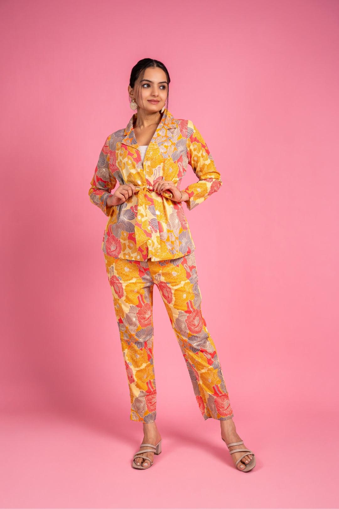Ekisha's women muslin printed yellow floral co-ord set - Ekisha