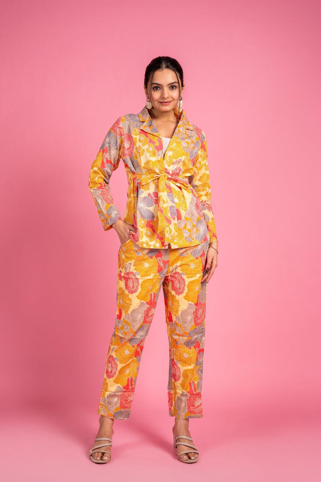 Ekisha's women muslin printed yellow floral co-ord set - Ekisha
