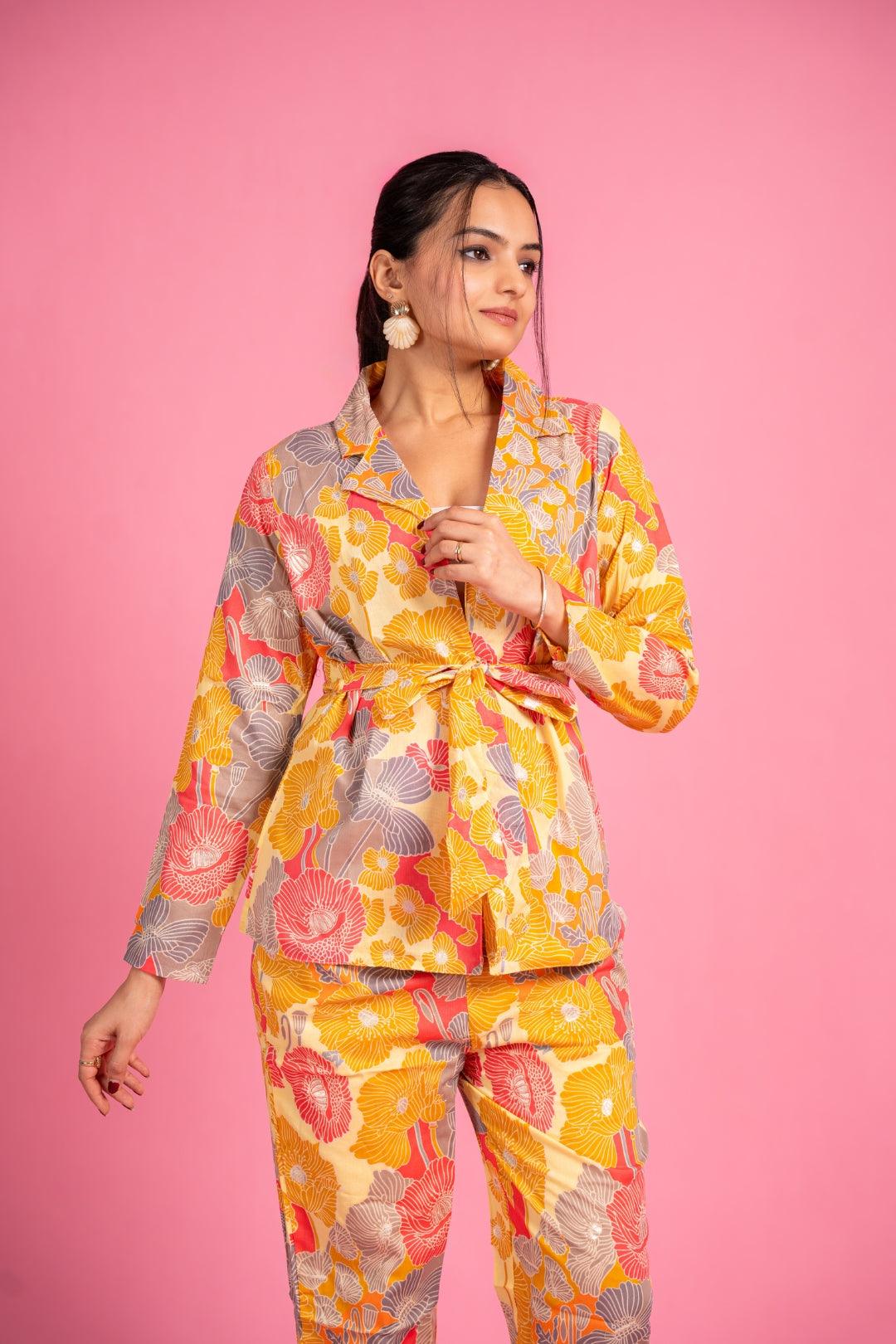 Ekisha's women muslin printed yellow floral co-ord set - Ekisha