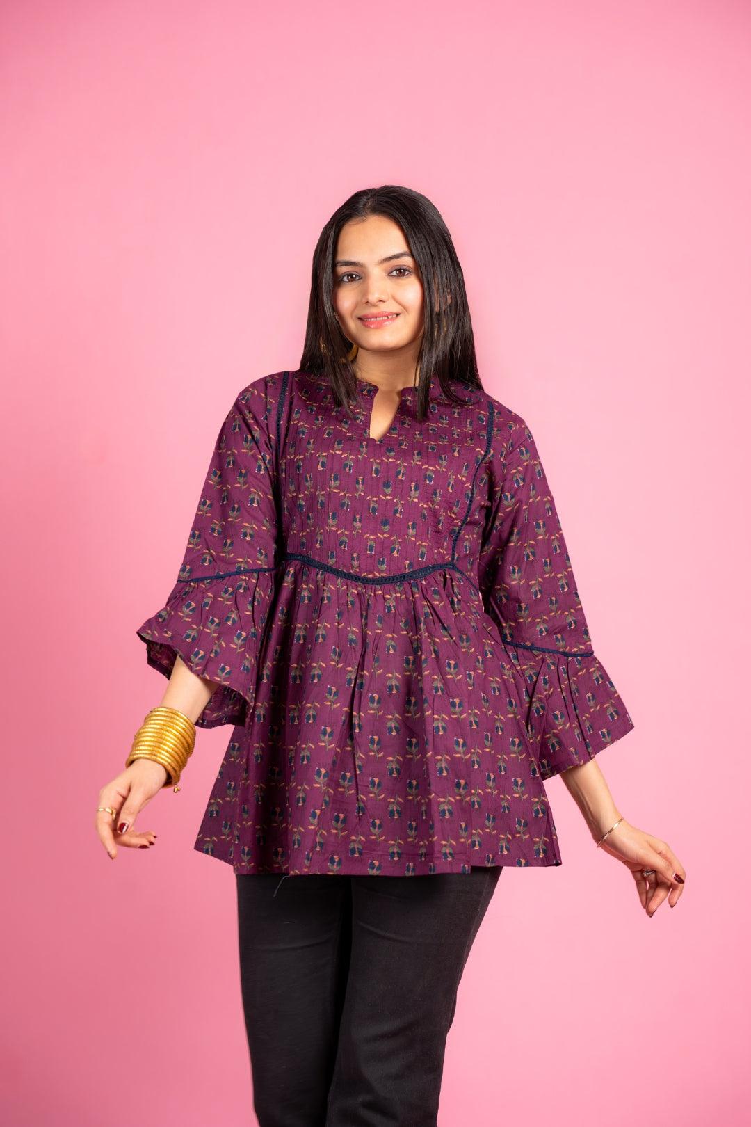Ekisha's women designer dark magenta floral printed cotton tunic top short kurti - Ekisha