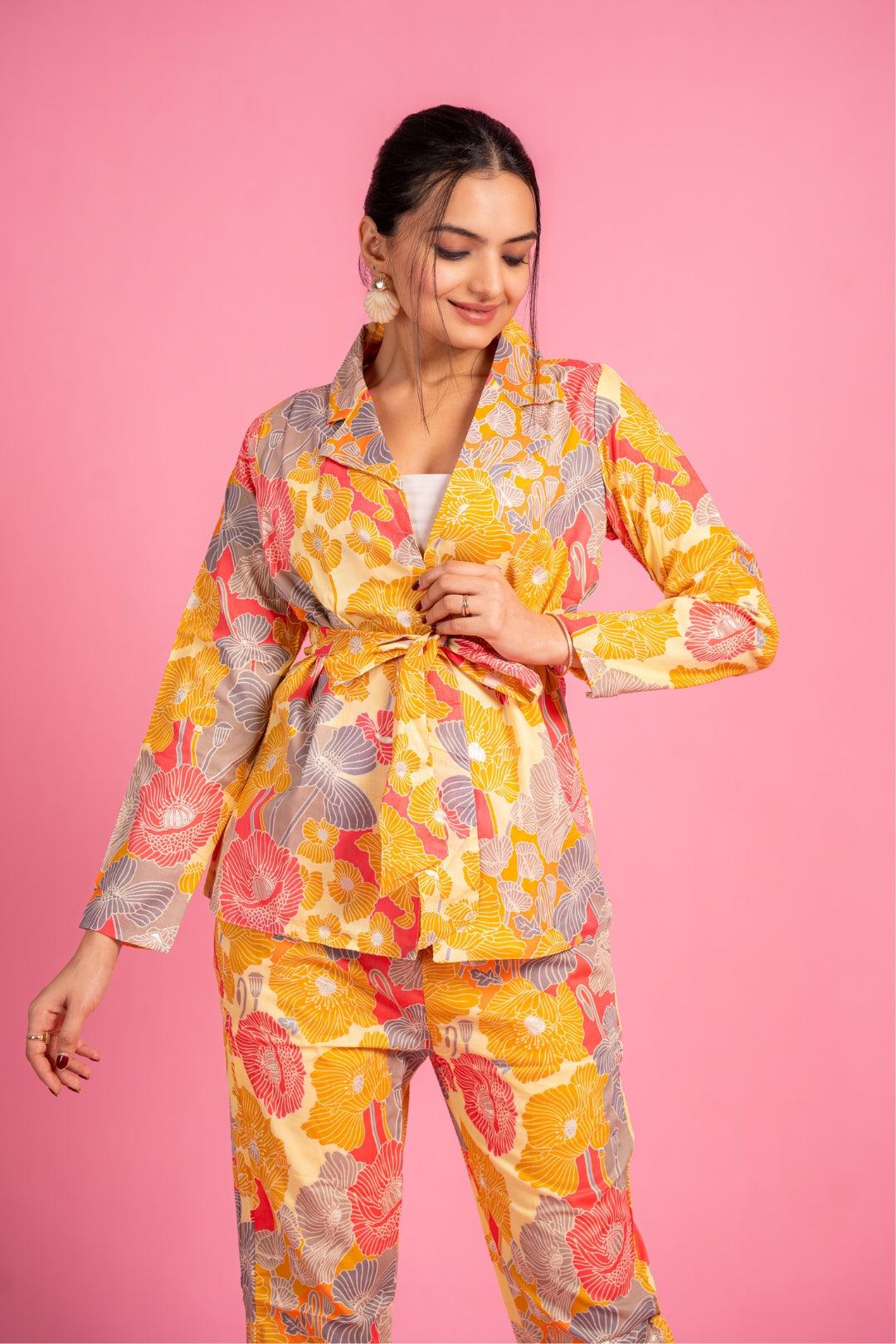 Ekisha's women muslin printed yellow floral co-ord set - Ekisha