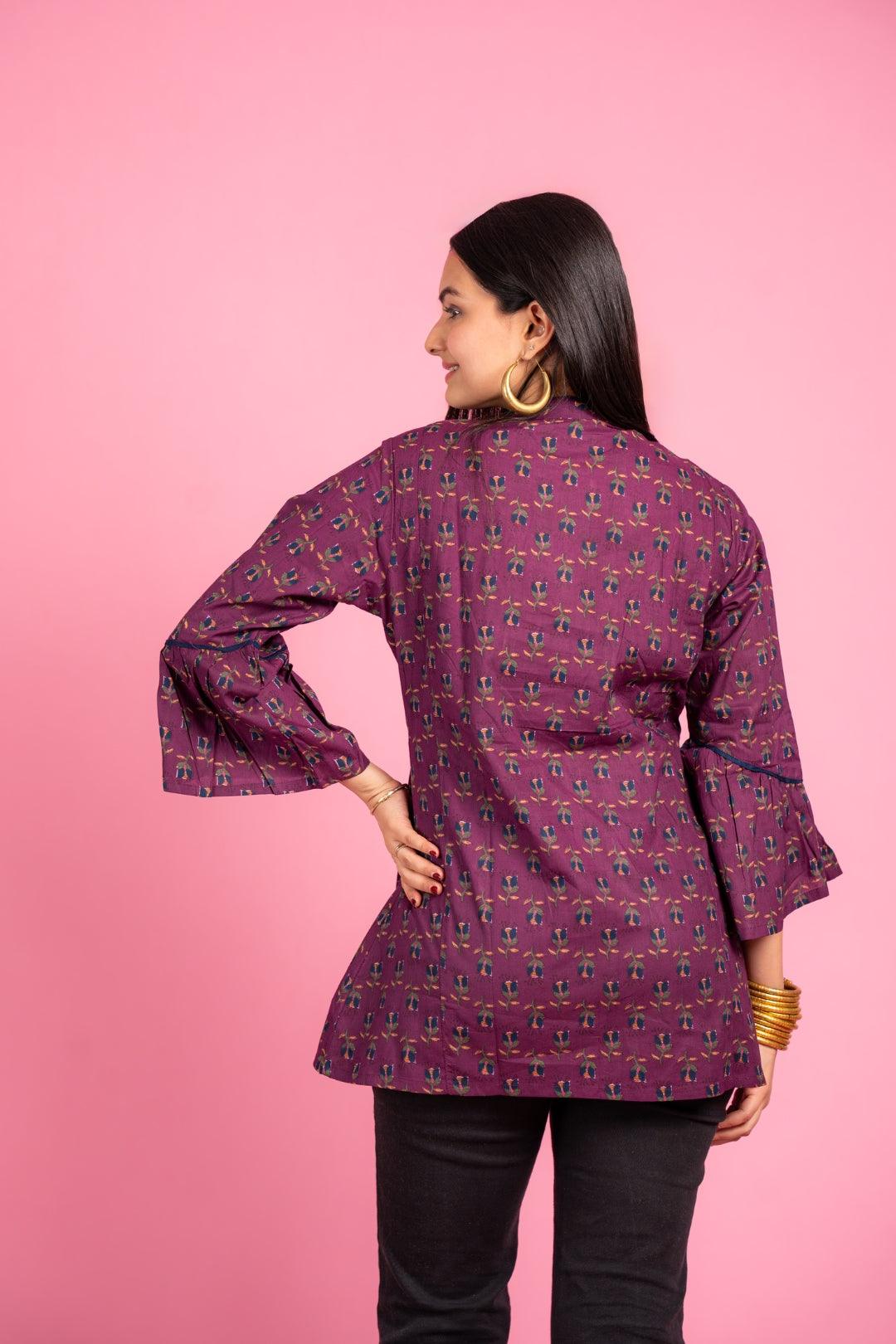 Ekisha's women designer dark magenta floral printed cotton tunic top short kurti - Ekisha