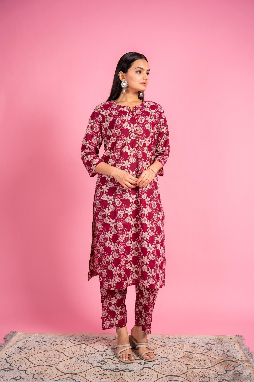 Ekisha's women maroon beautiful floral printed cotton co-ord set kurta set - Ekisha