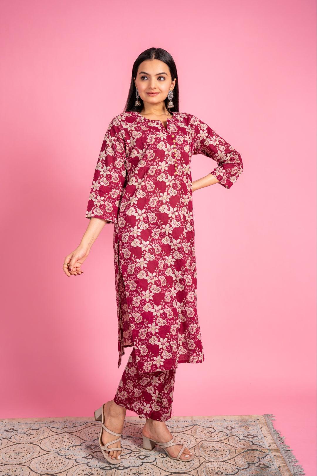 Ekisha's women maroon beautiful floral printed cotton co-ord set kurta set - Ekisha