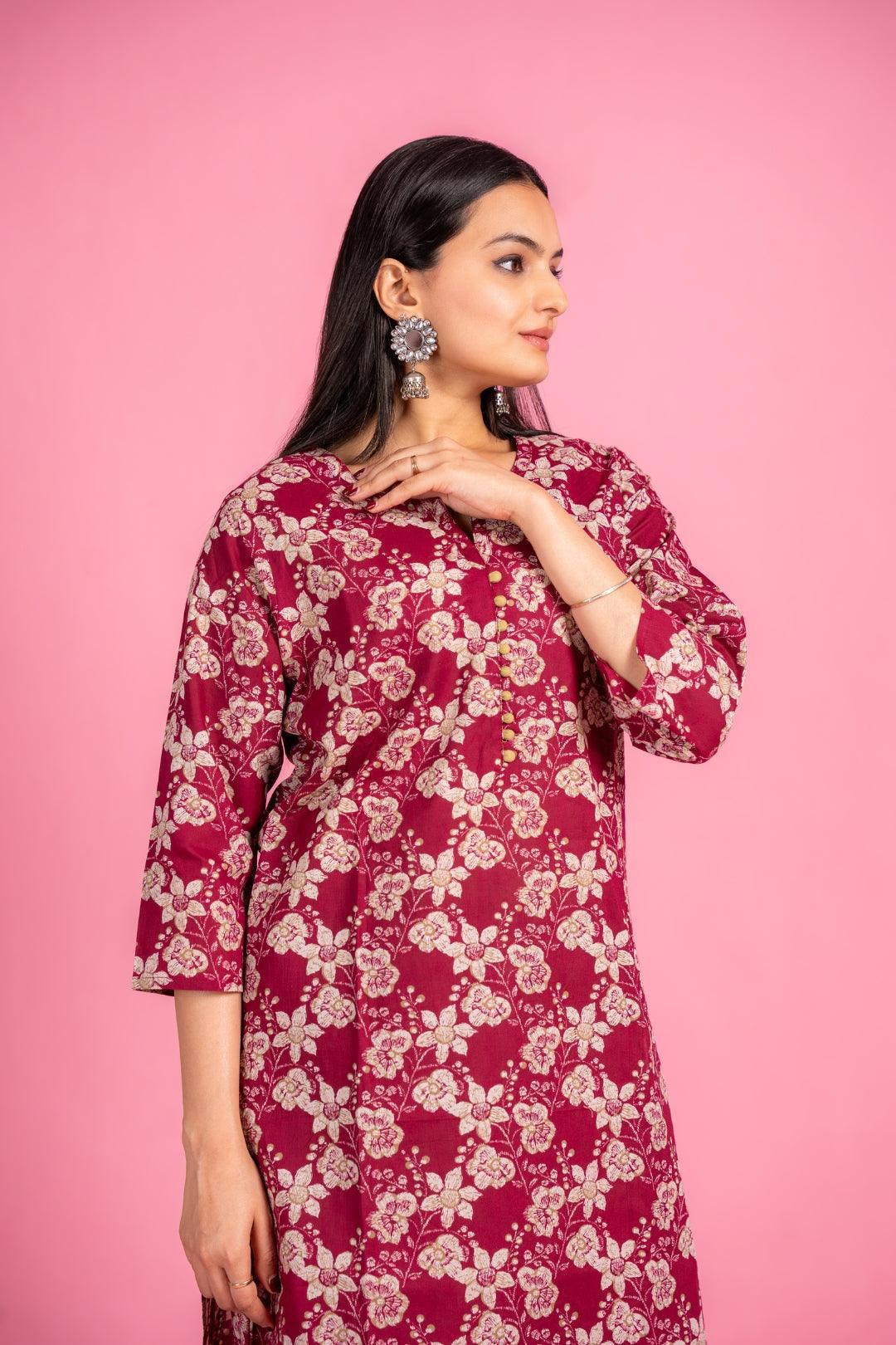 Ekisha's women maroon beautiful floral printed cotton co-ord set kurta set - Ekisha