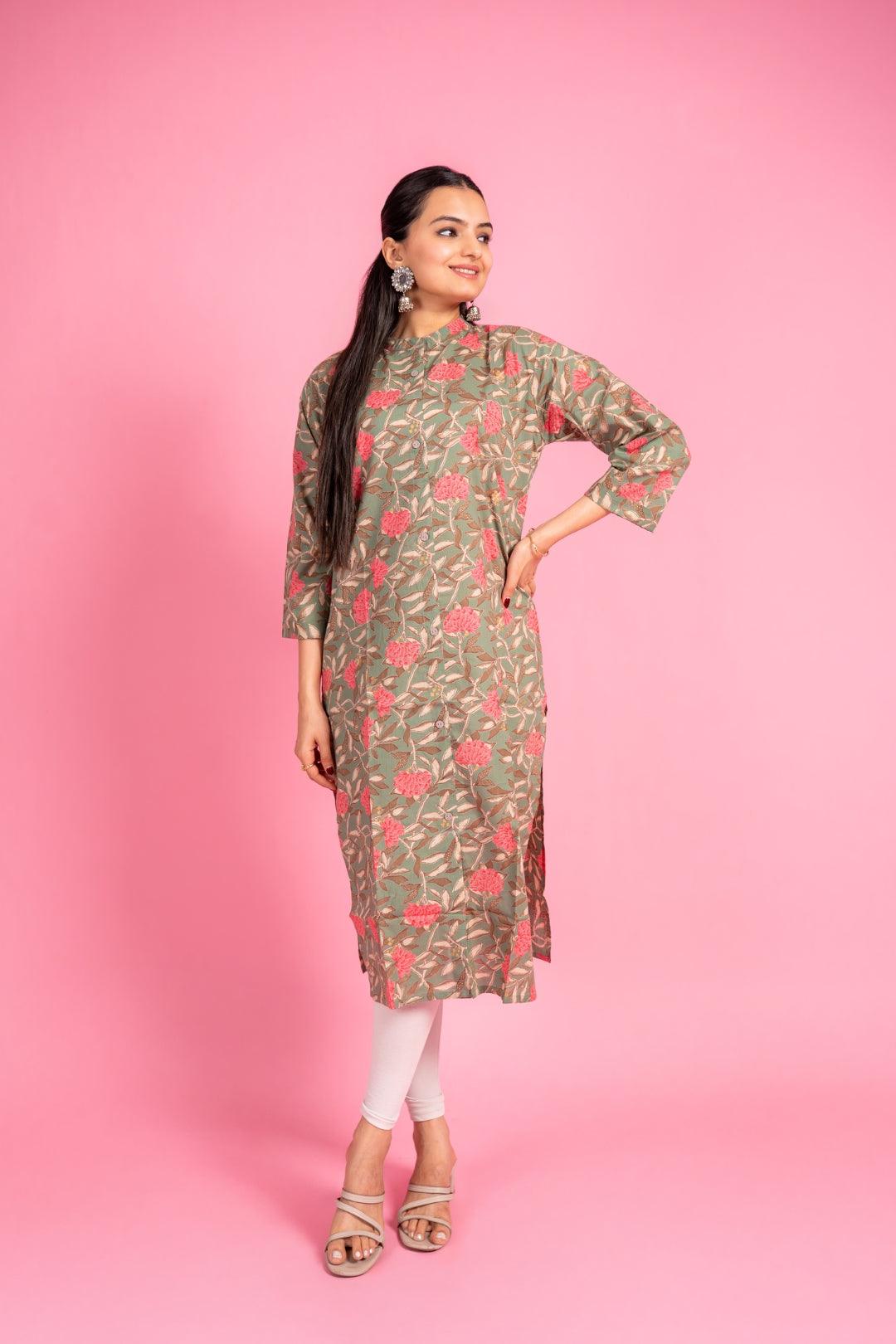 Ekisha women's pista beautiful designer printed floral printed straight kurta kurti - Ekisha