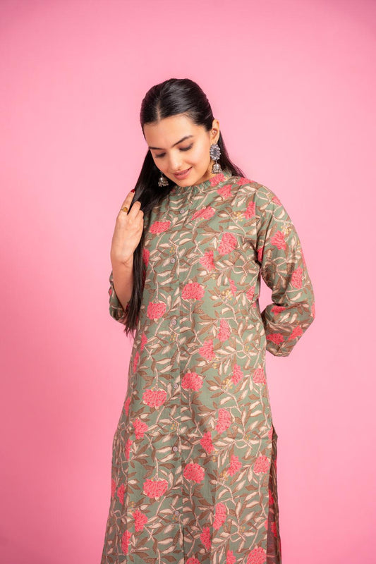 Ekisha women's pista beautiful designer printed floral printed straight kurta kurti - Ekisha