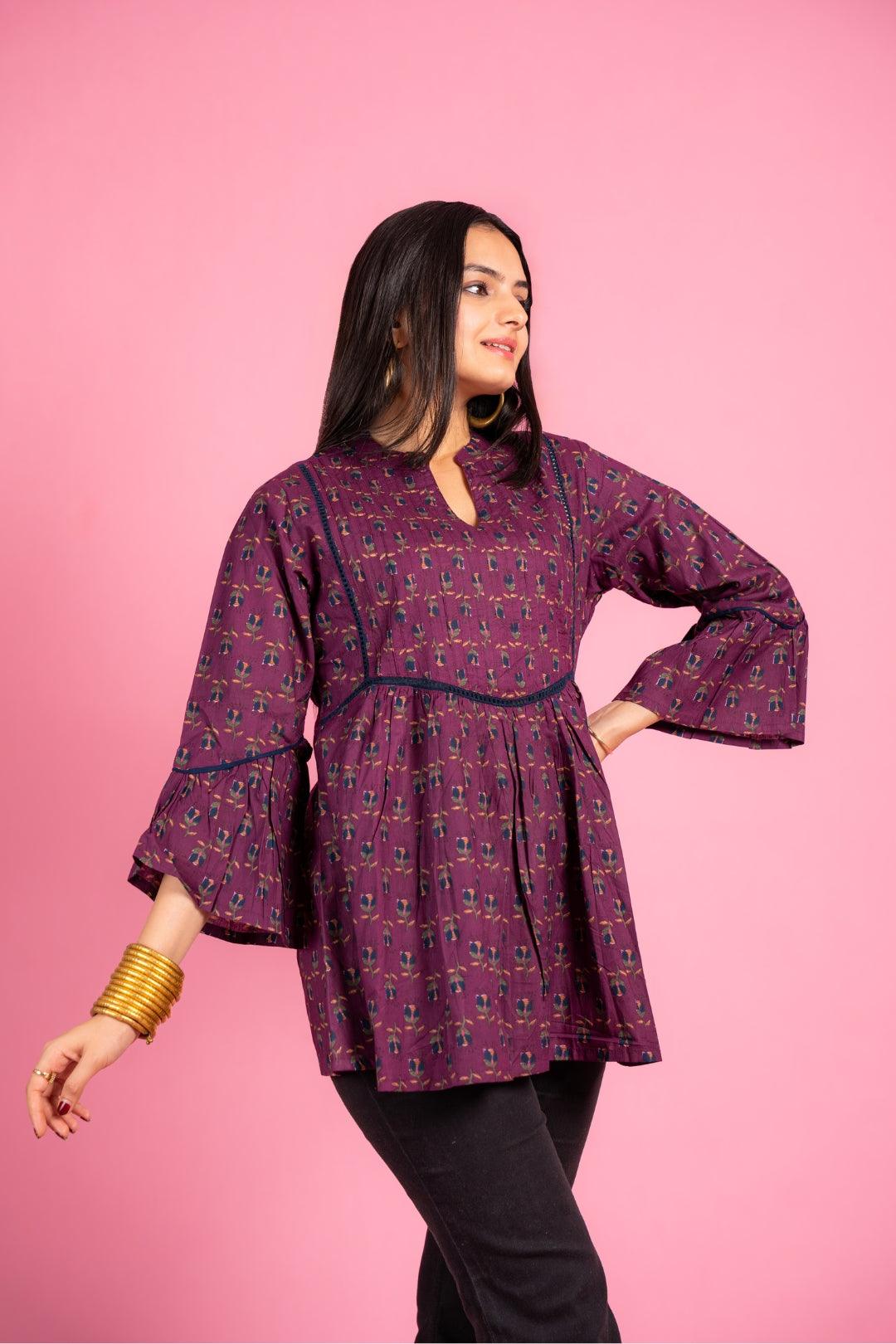 Ekisha's women designer dark magenta floral printed cotton tunic top short kurti - Ekisha