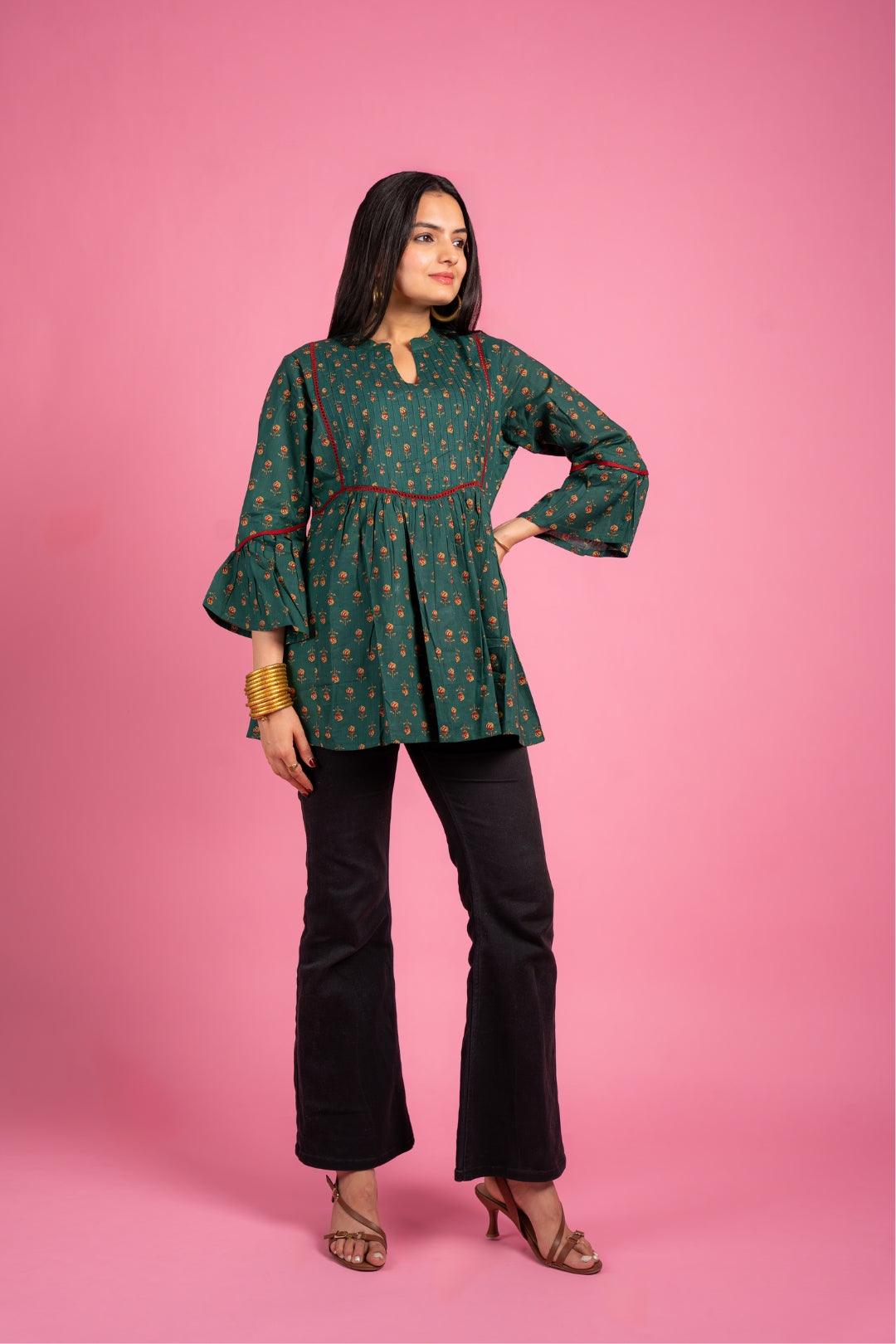 Ekisha's women designer dark rama floral printed cotton tunic top short kurti - Ekisha