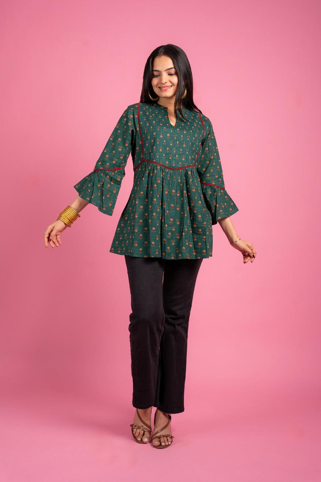 Ekisha's women designer dark rama floral printed cotton tunic top short kurti - Ekisha