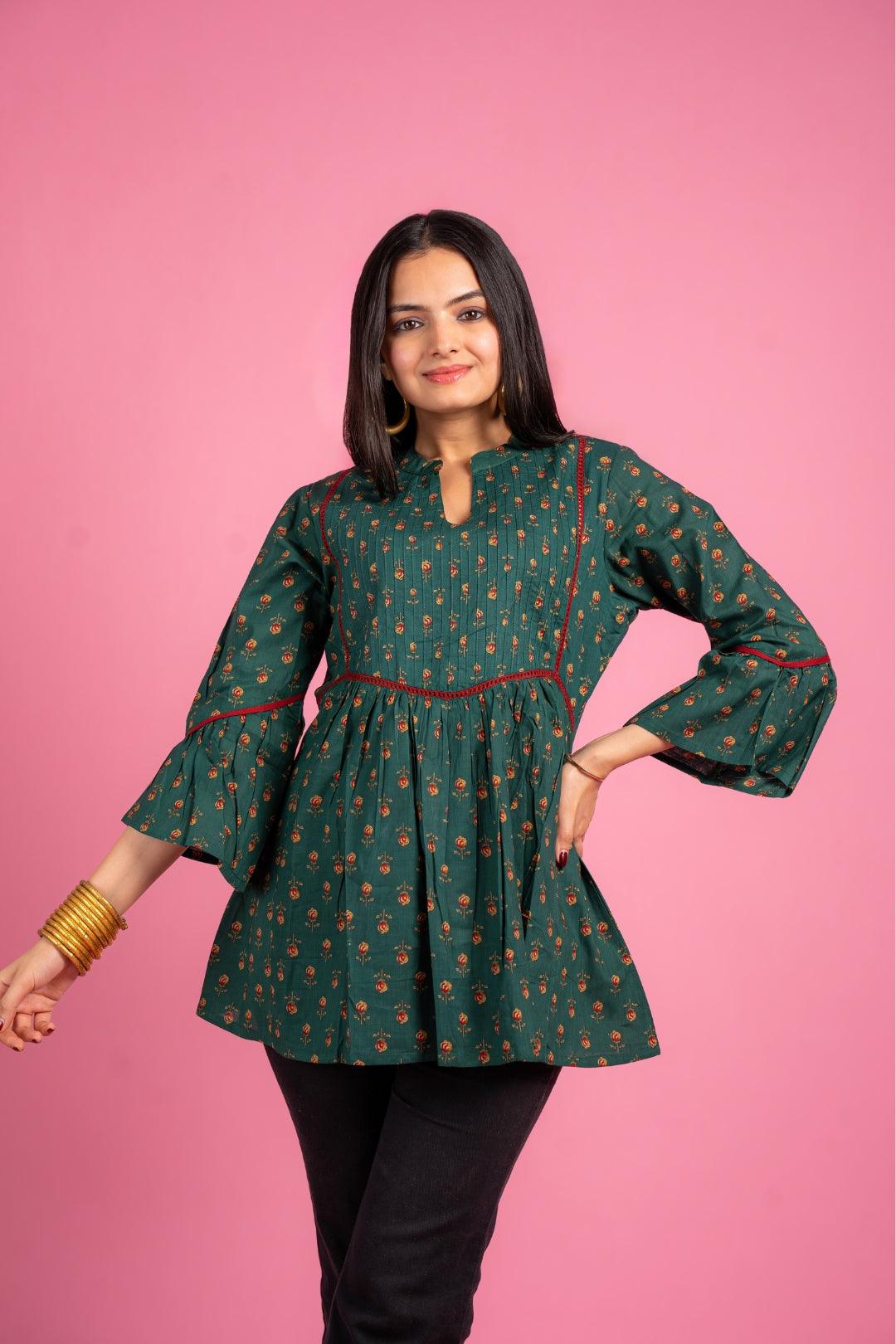 Ekisha's women designer dark rama floral printed cotton tunic top short kurti - Ekisha