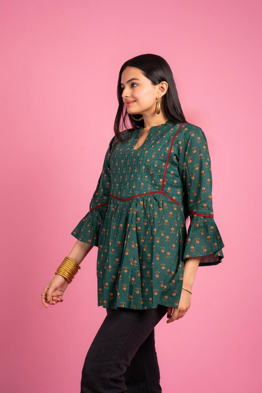 Ekisha's women designer dark rama floral printed cotton tunic top short kurti - Ekisha