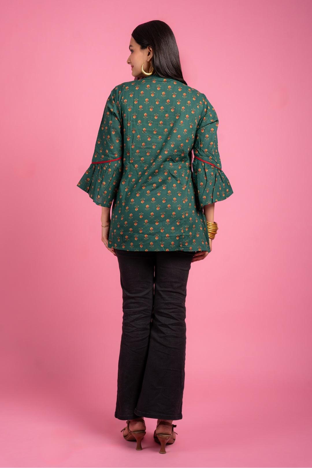 Ekisha's women designer dark rama floral printed cotton tunic top short kurti - Ekisha