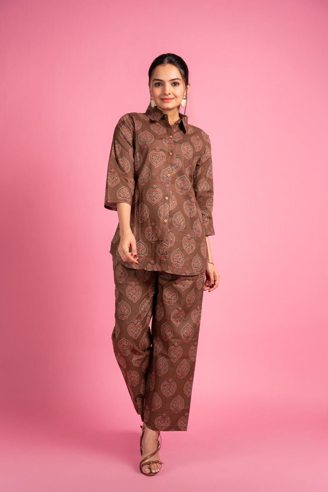 Ekisha's women brown beautiful multicolor floral printed cotton co-ord set lounge wear - Ekisha