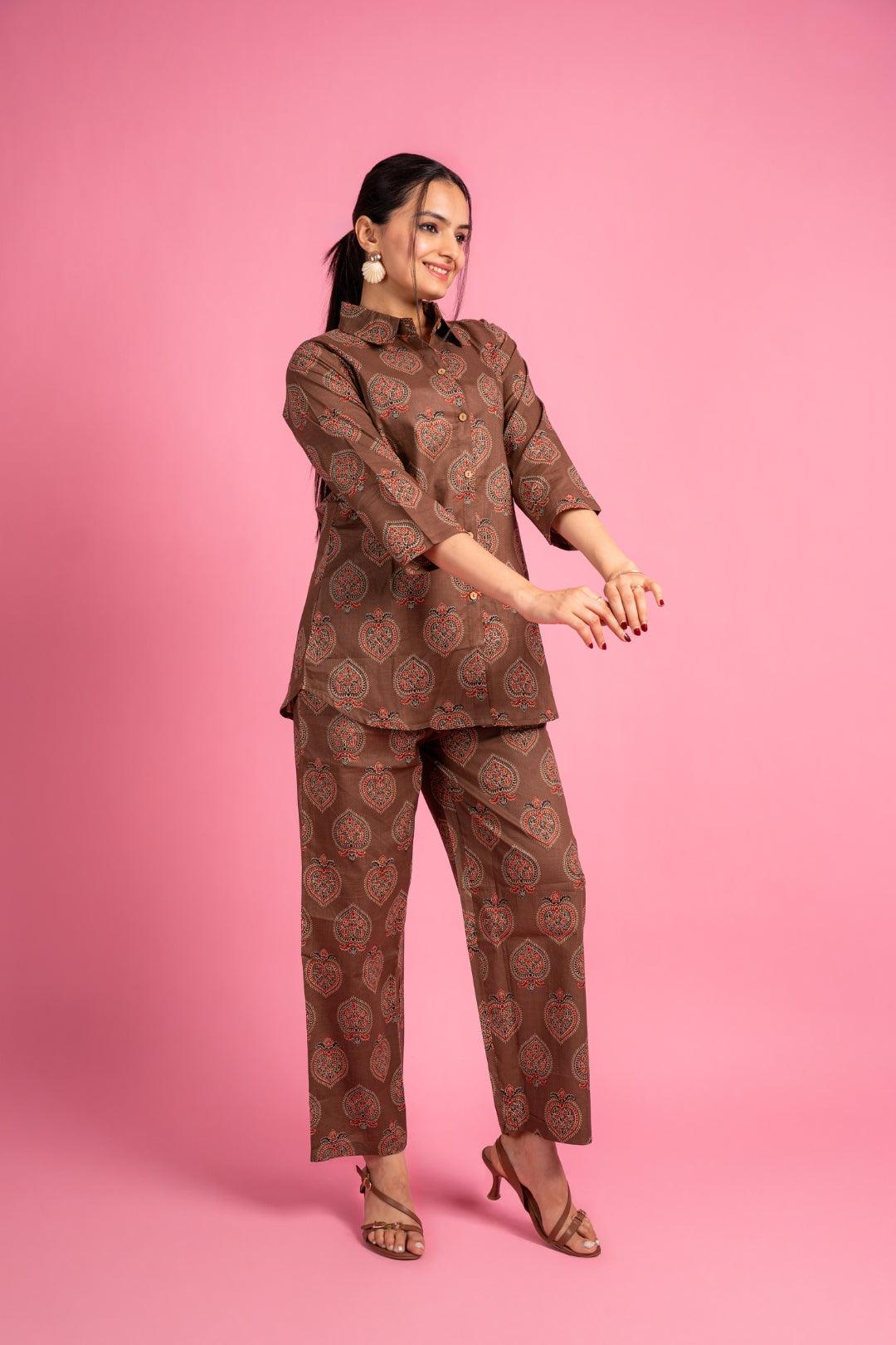 Ekisha's women brown beautiful multicolor floral printed cotton co-ord set lounge wear - Ekisha