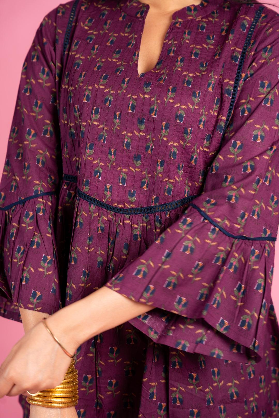 Ekisha's women designer dark magenta floral printed cotton tunic top short kurti - Ekisha