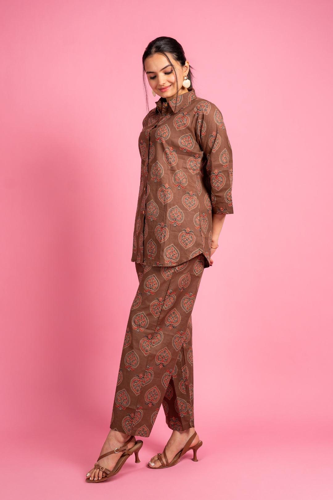 Ekisha's women brown beautiful multicolor floral printed cotton co-ord set lounge wear - Ekisha