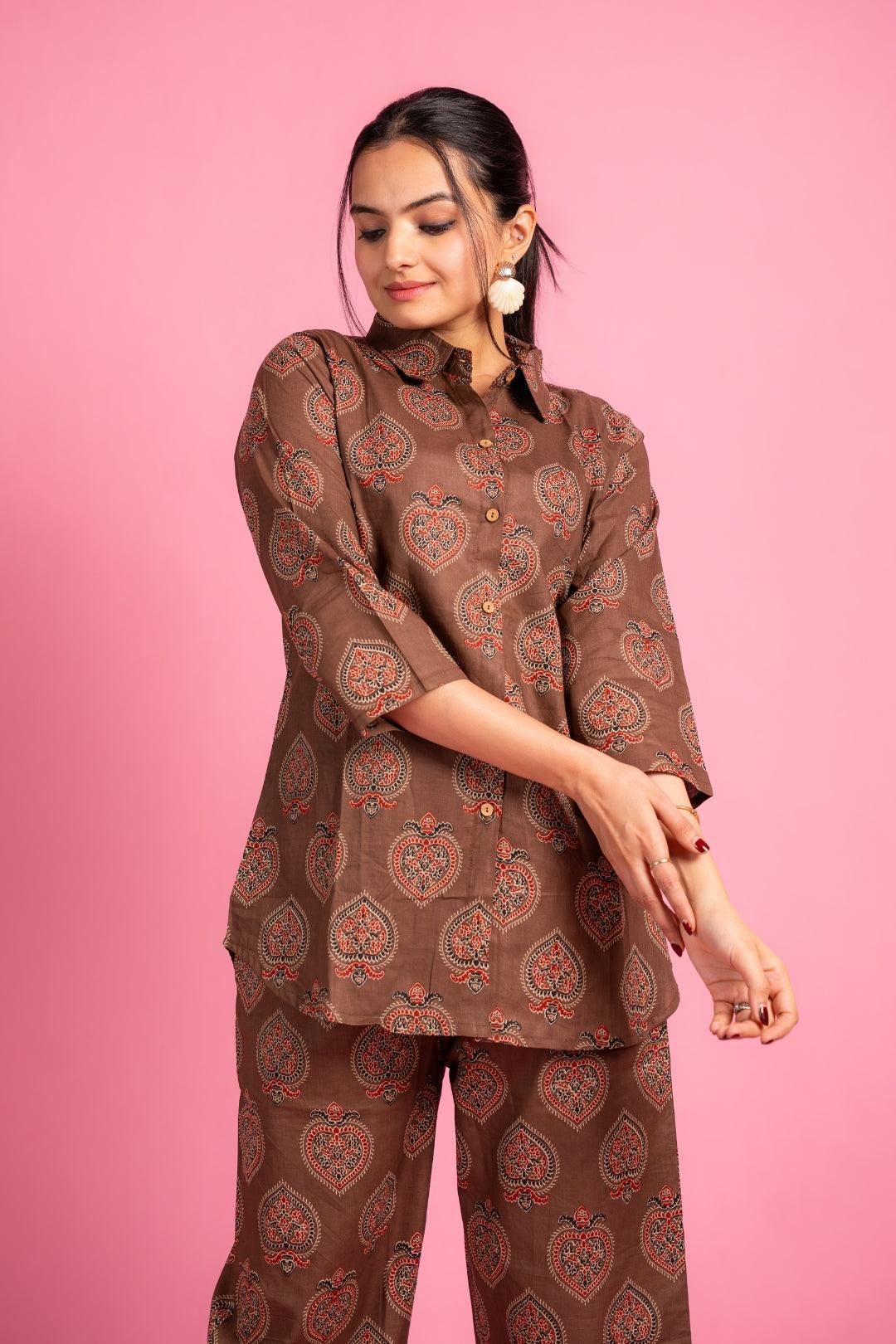 Ekisha's women brown beautiful multicolor floral printed cotton co-ord set lounge wear - Ekisha